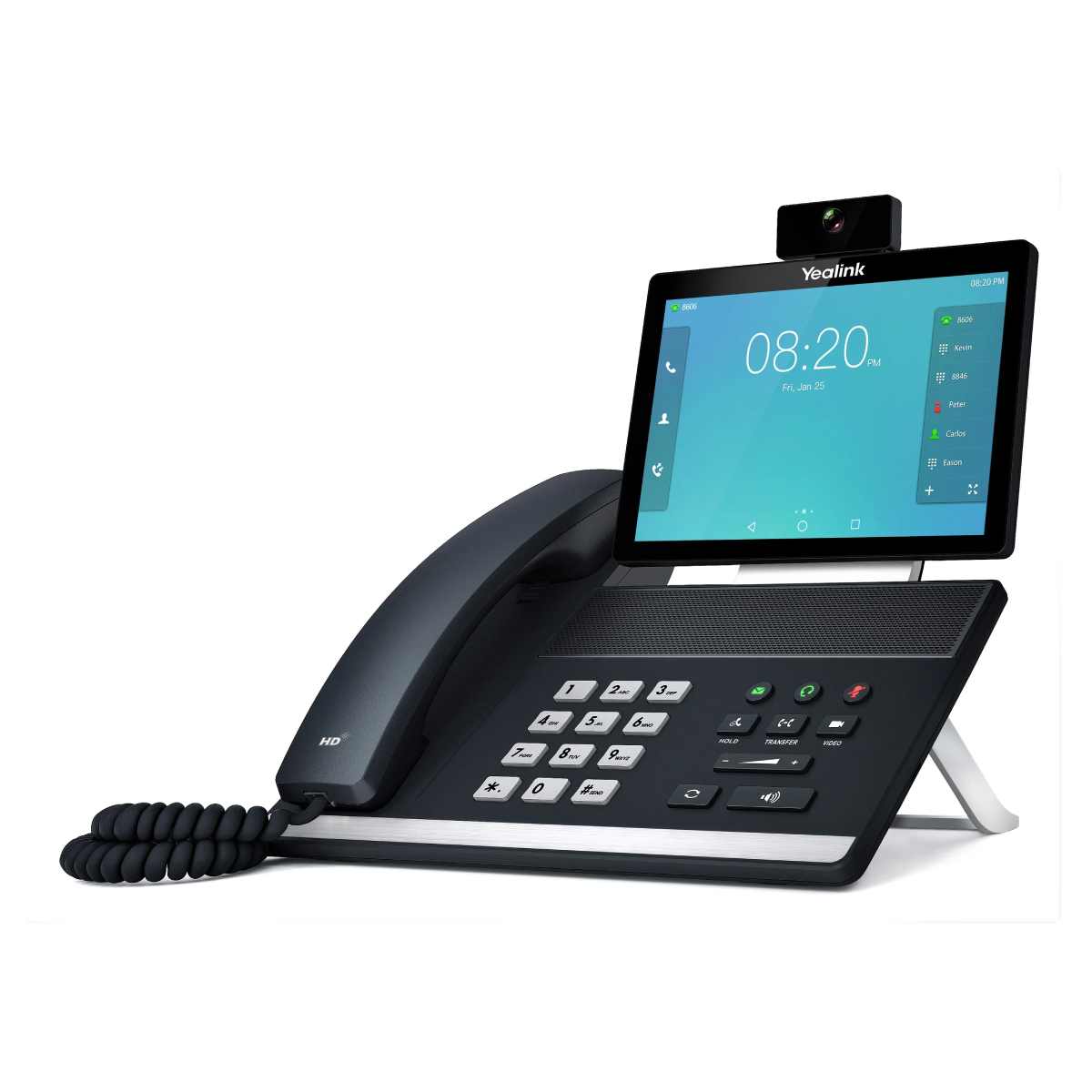 Nowoczesny czarny telefon biurowy z ekranem i kamerą.