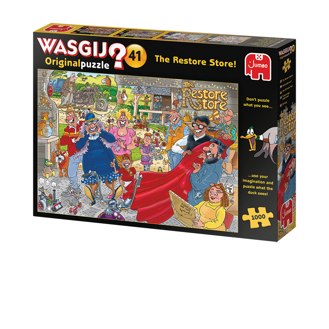 Pudełko z puzzlami Wasgij przedstawia zatłoczoną scenę w sklepie, z wieloma postaciami i przedmiotami.