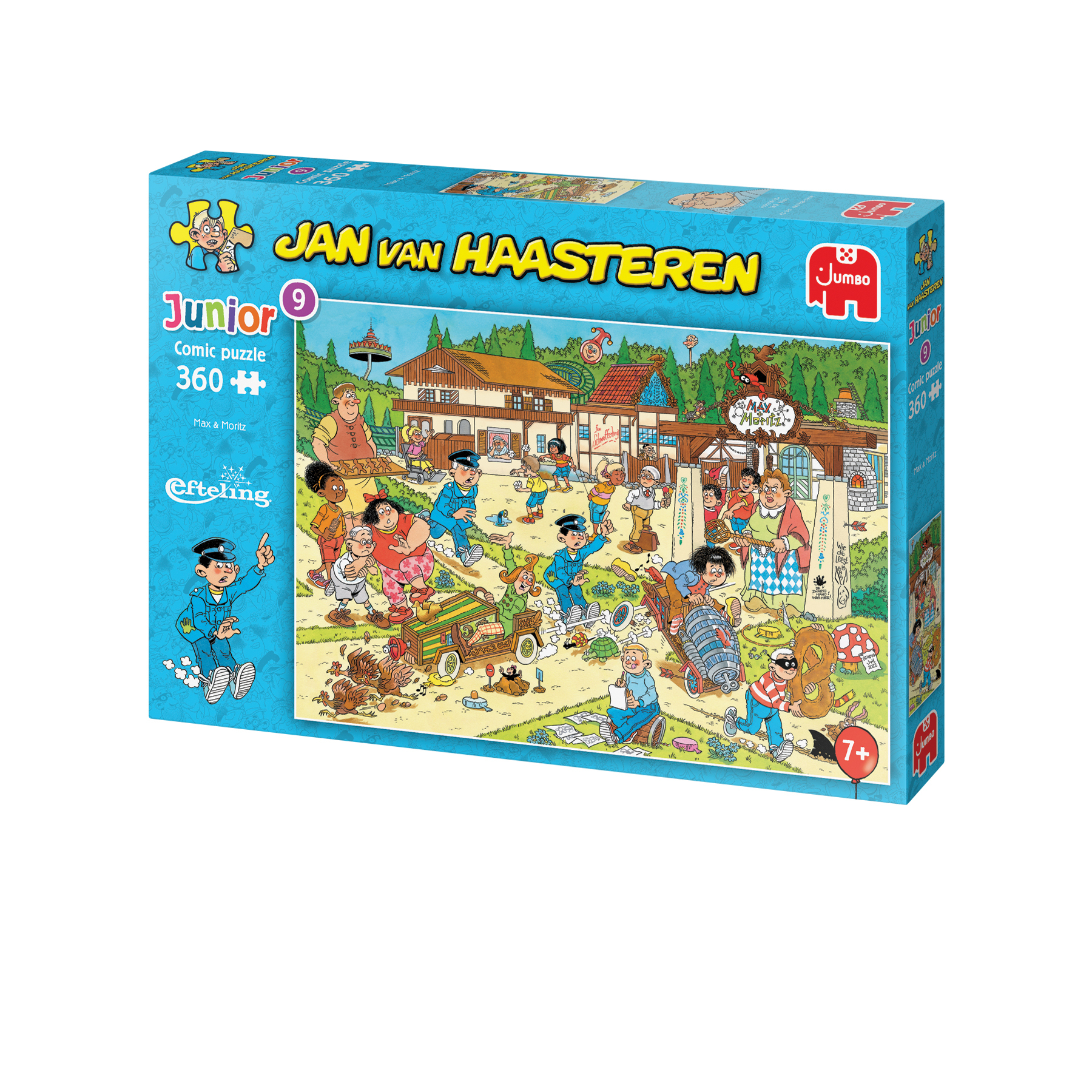 Puzzle box with a cartoon scene of a town. People are in the town square.