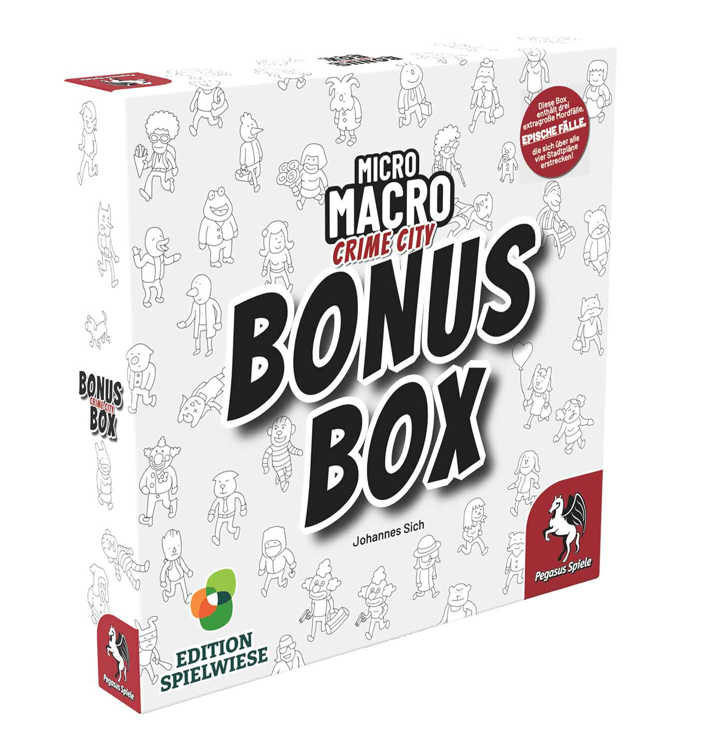 Micro Macro Crime City Bonus Box, eine Spielbox mit Illustrationen von Cartoon-Leuten.