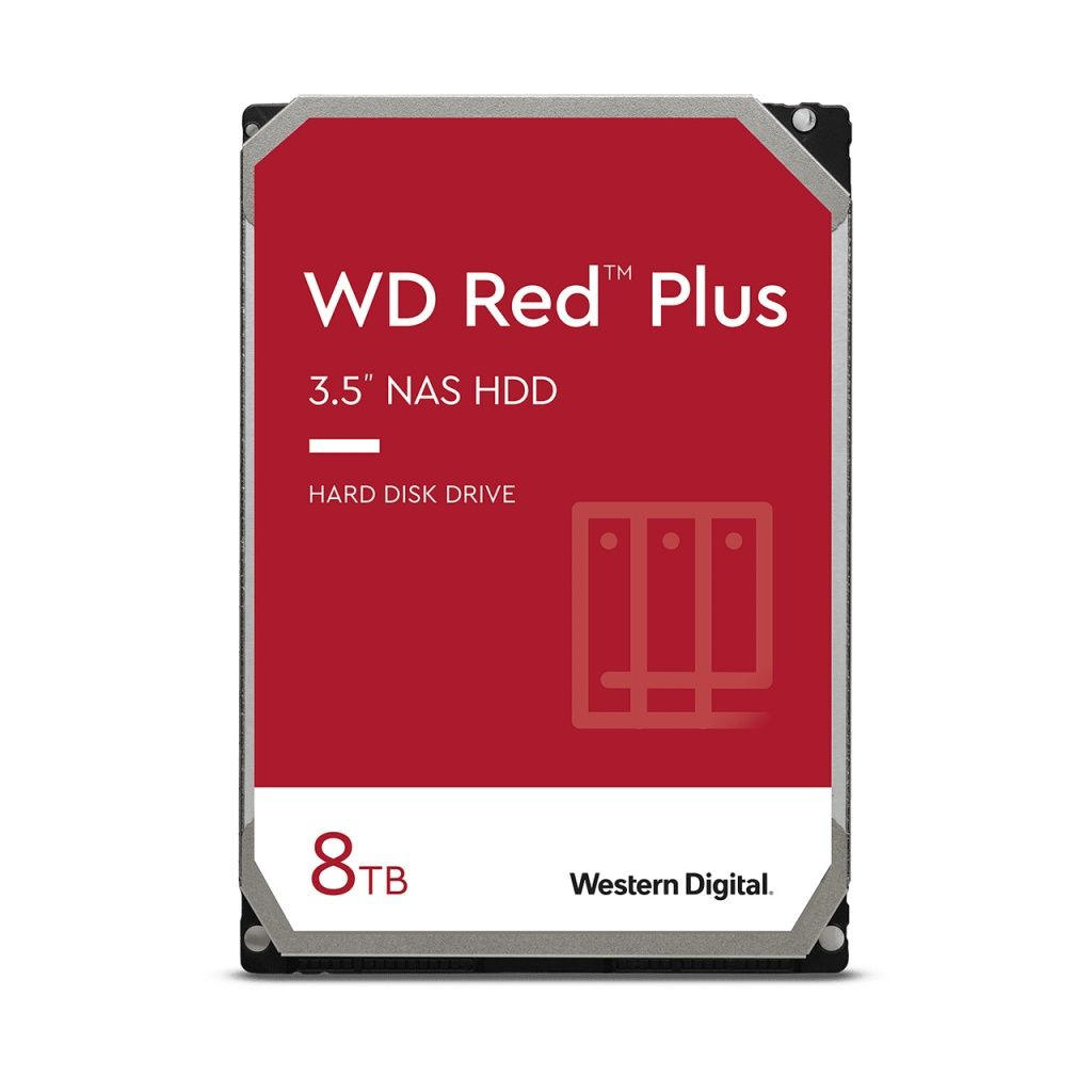 Czerwony dysk twardy HDD NAS WD Red Plus 3,5". Dysk jest srebrny z dużą czerwoną etykietą.