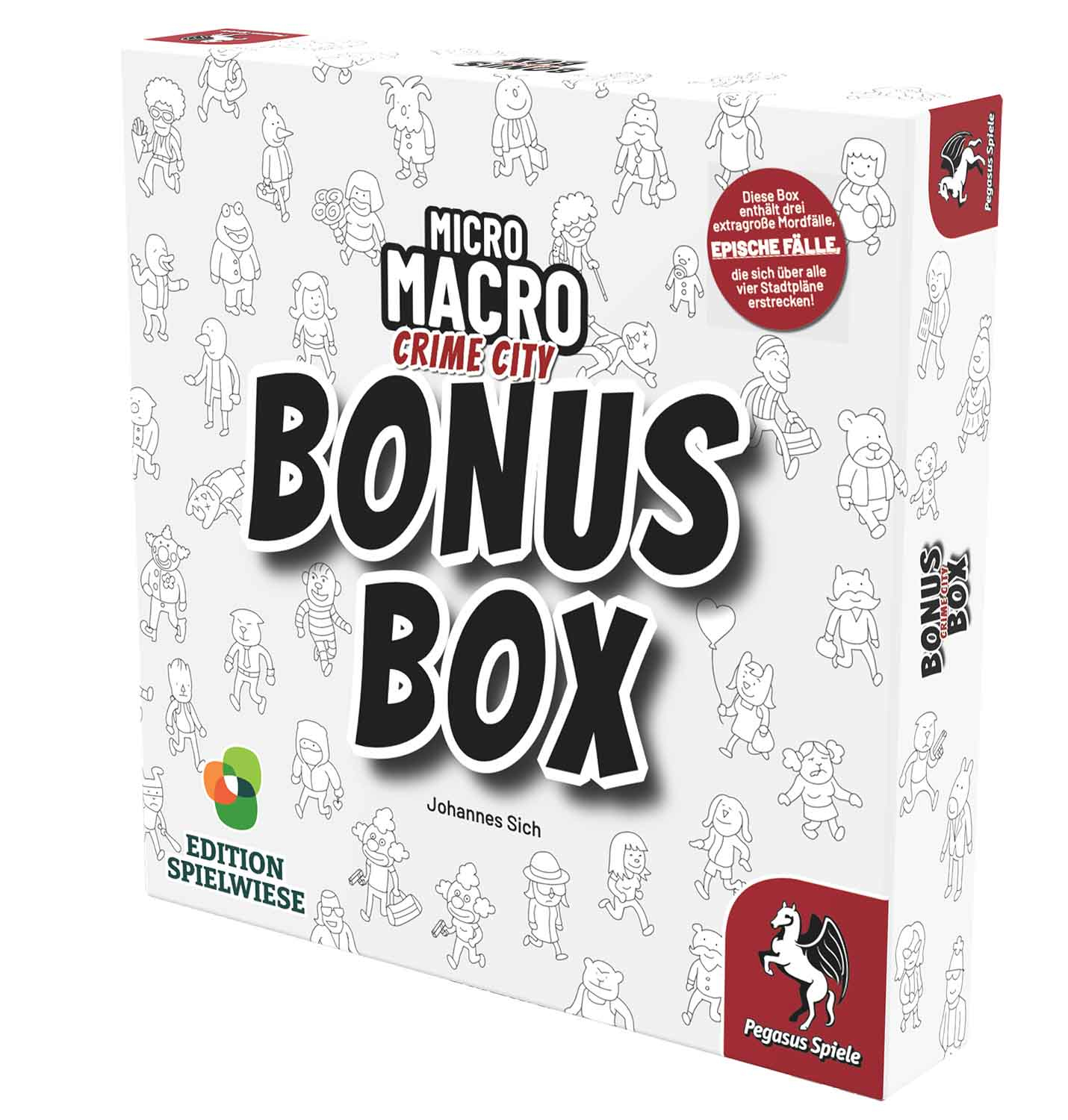 Spielbox mit dem Titel 'Micro Macro Crime City Bonus Box' und Cartoonfiguren.