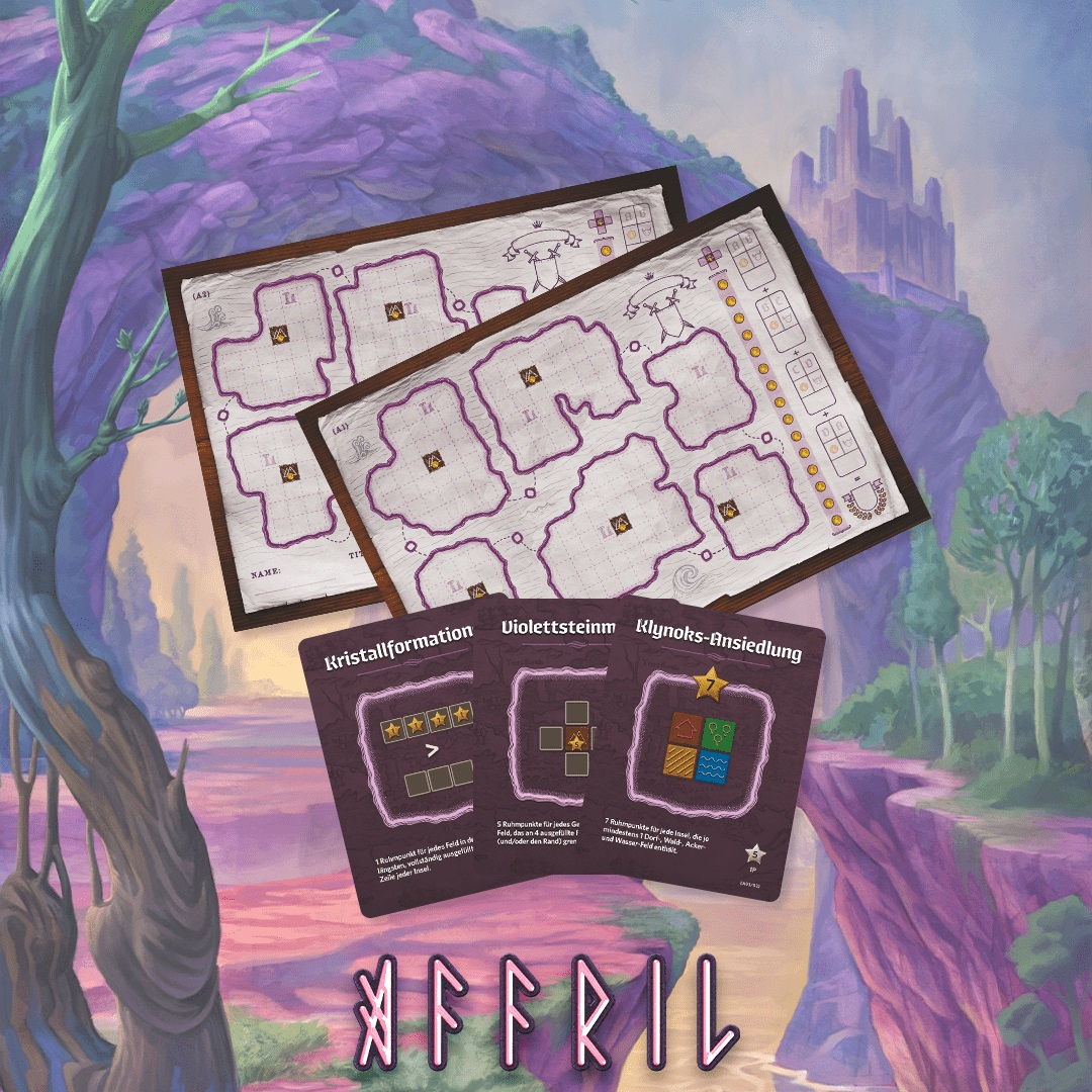 Karten und Spielbretter mit lila und rosa Farbschema. Fantasielandschaft im Hintergrund.