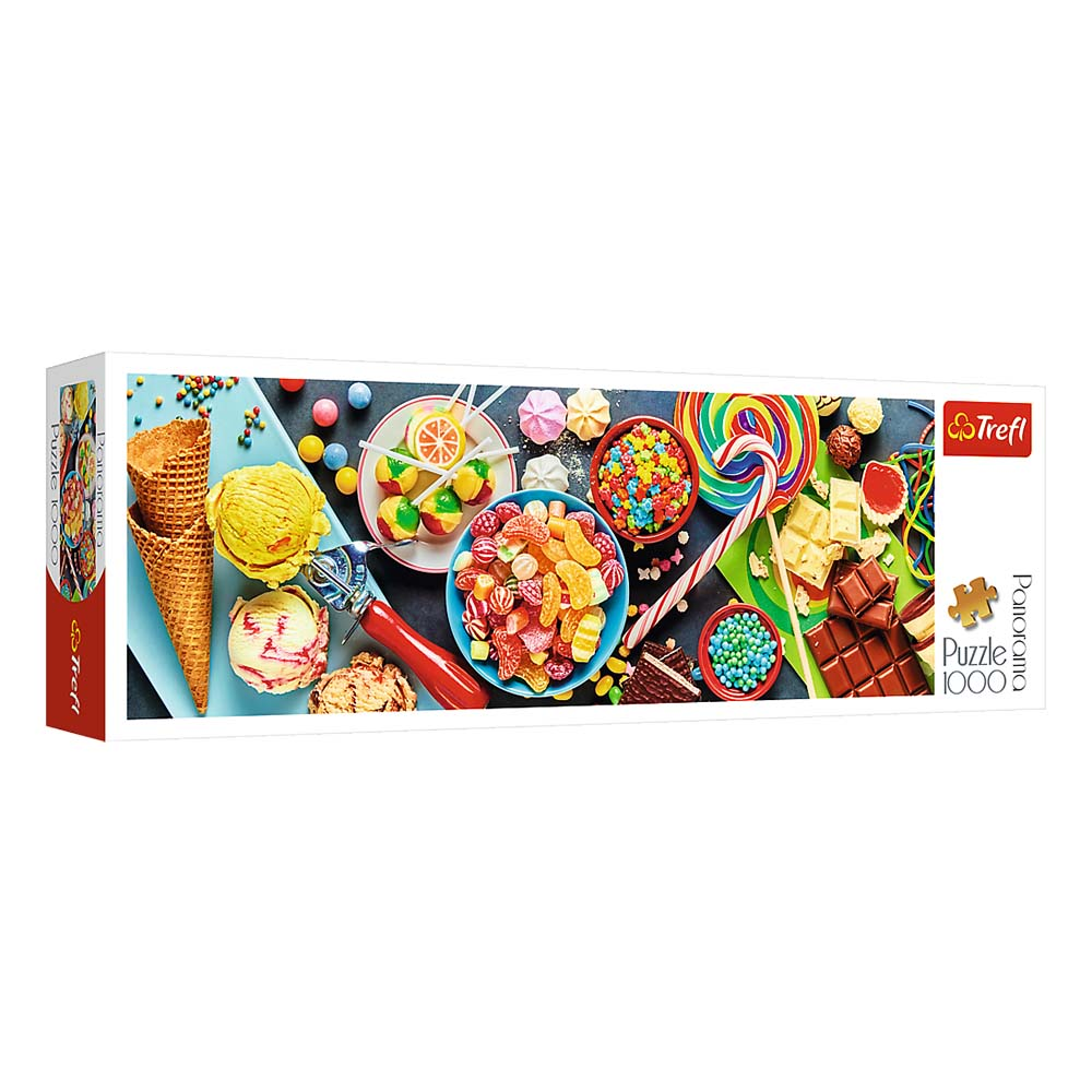 Pudełko z puzzlami z różnymi słodyczami, w tym lodami, cukierkami i czekoladkami.