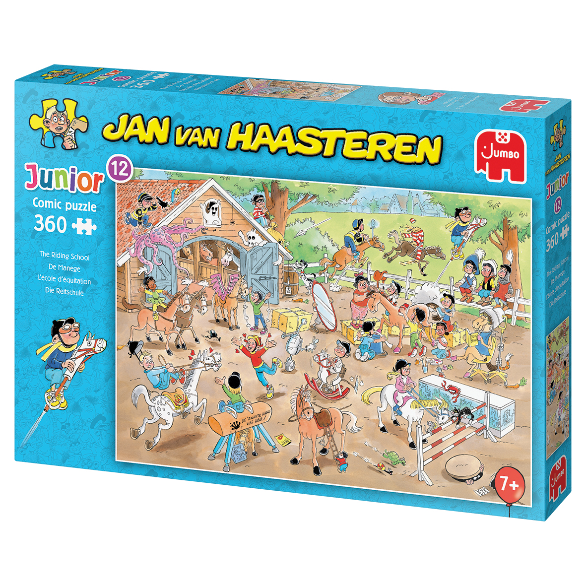 Puzzle box with a cartoon scene of a riding school with horses and people.