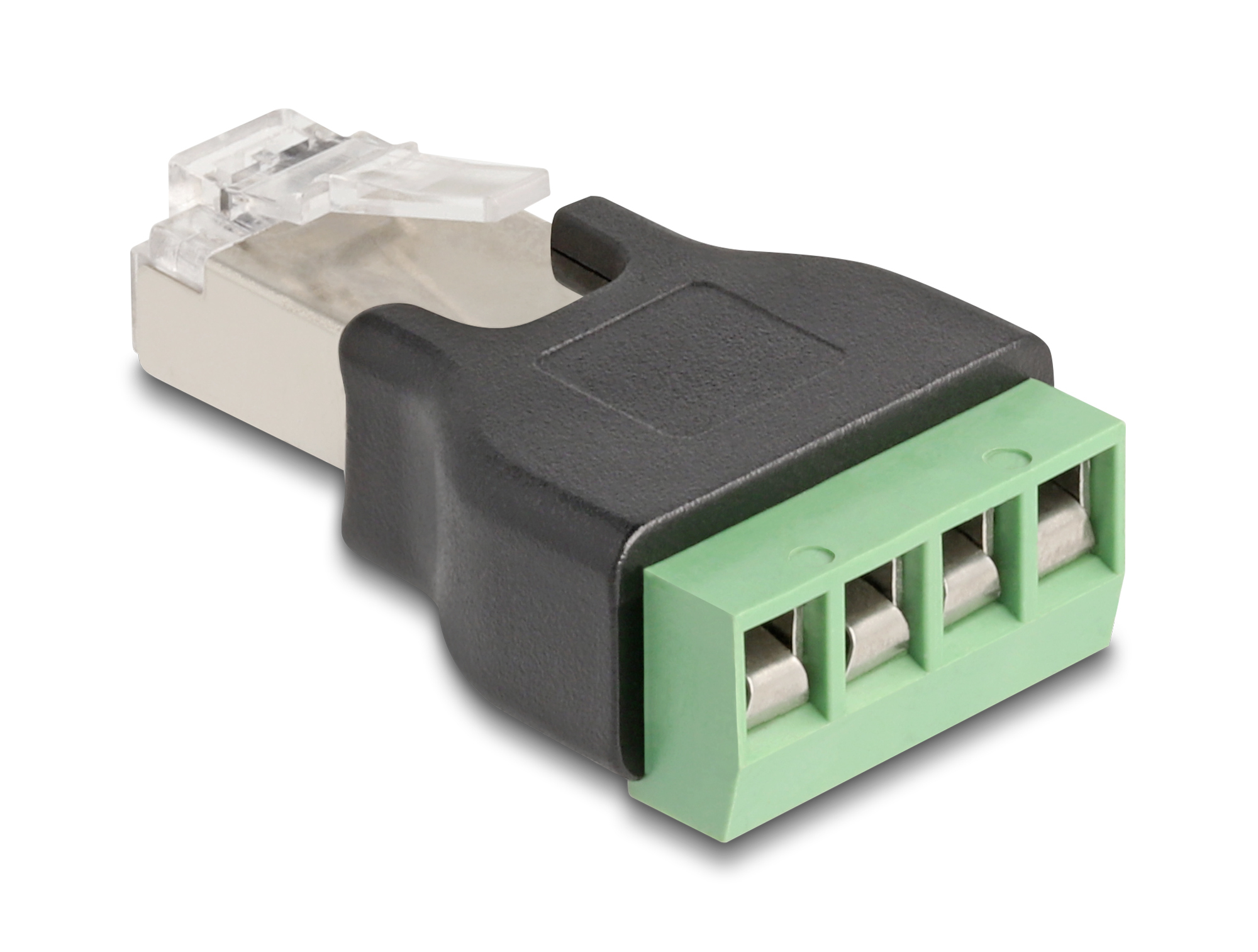 Morsettiera verde e connettore RJ45. Corpo nero con sfondo bianco.