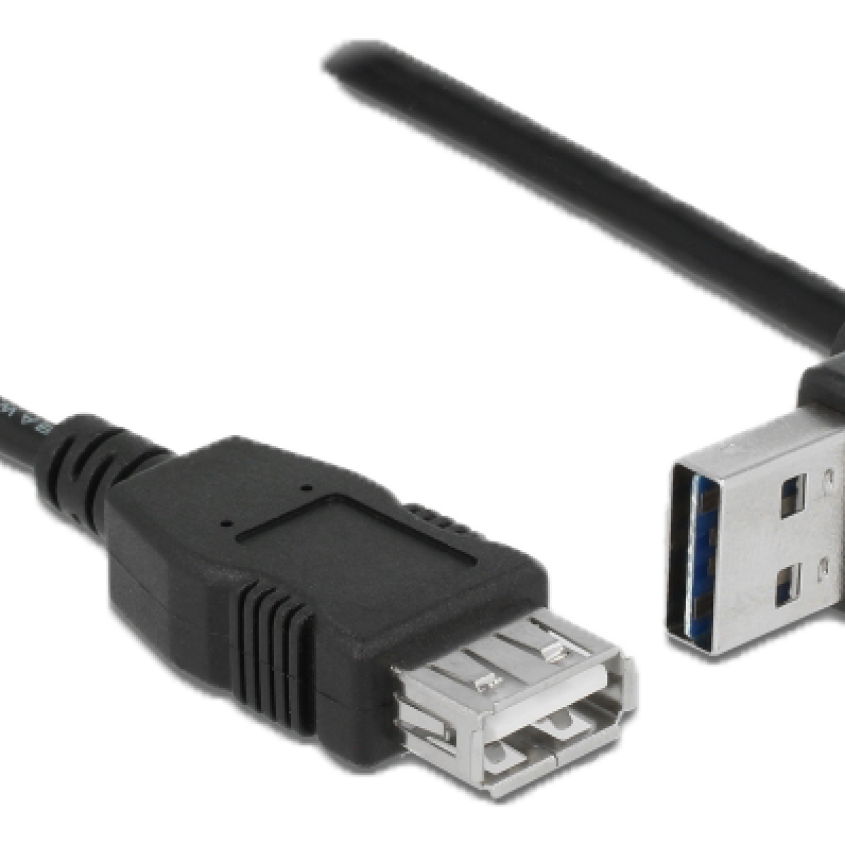 Un cavo USB nero con un connettore USB da un lato e un altro dall'altro, ripresa ravvicinata.