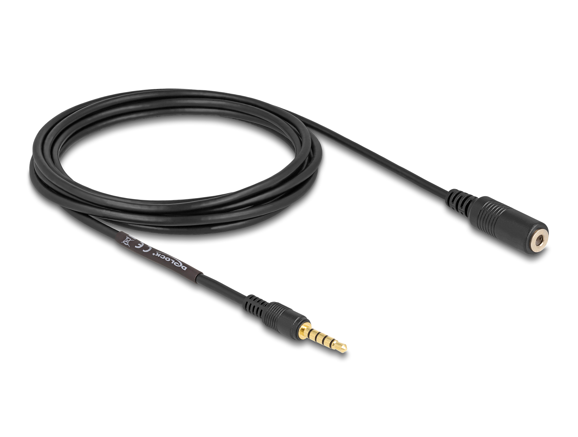 Cavo audio nero con jack da 3,5 mm dorato e nero da un lato, e jack femmina nero dall'altro.