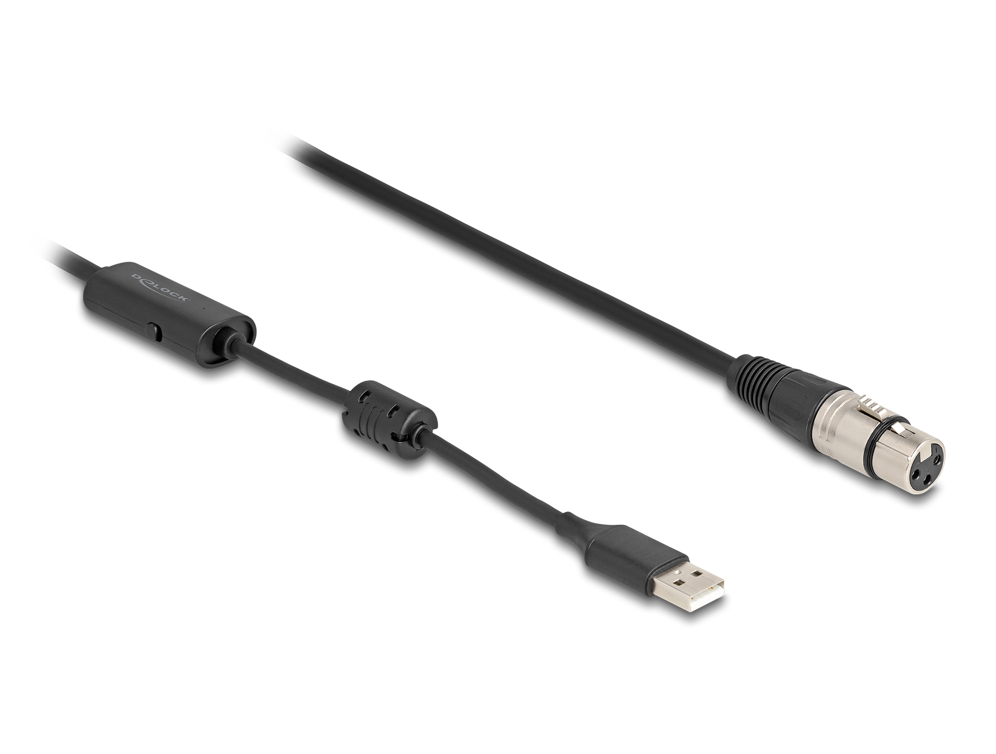 Un cable negro con un conector USB y un conector XLR. El cable está sobre un fondo blanco.
