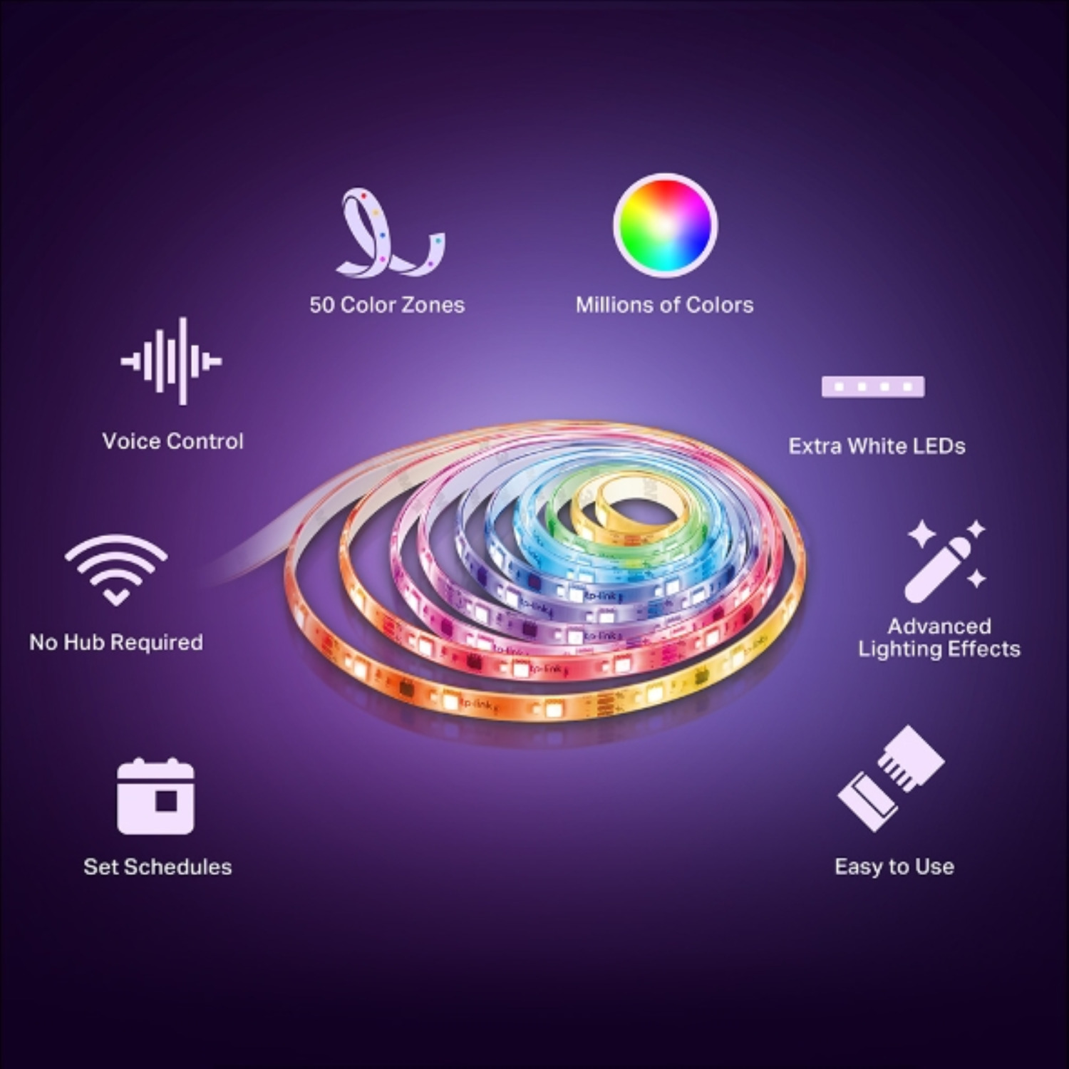 Une image promotionnelle violette montrant des bandes lumineuses LED, des icônes de fonctionnalités et le texte 'ToLinks'.