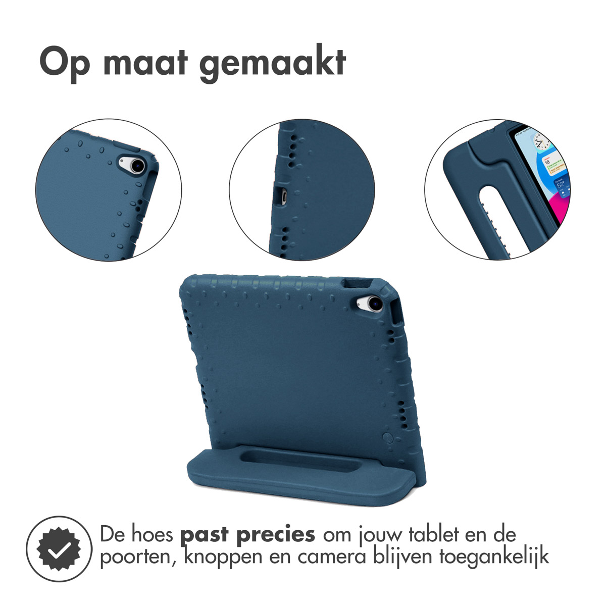 Een blauwe tablethoes met uitsparingen voor poorten en een standaard. De bovenkant heeft een cirkelvormig camera-gebied.