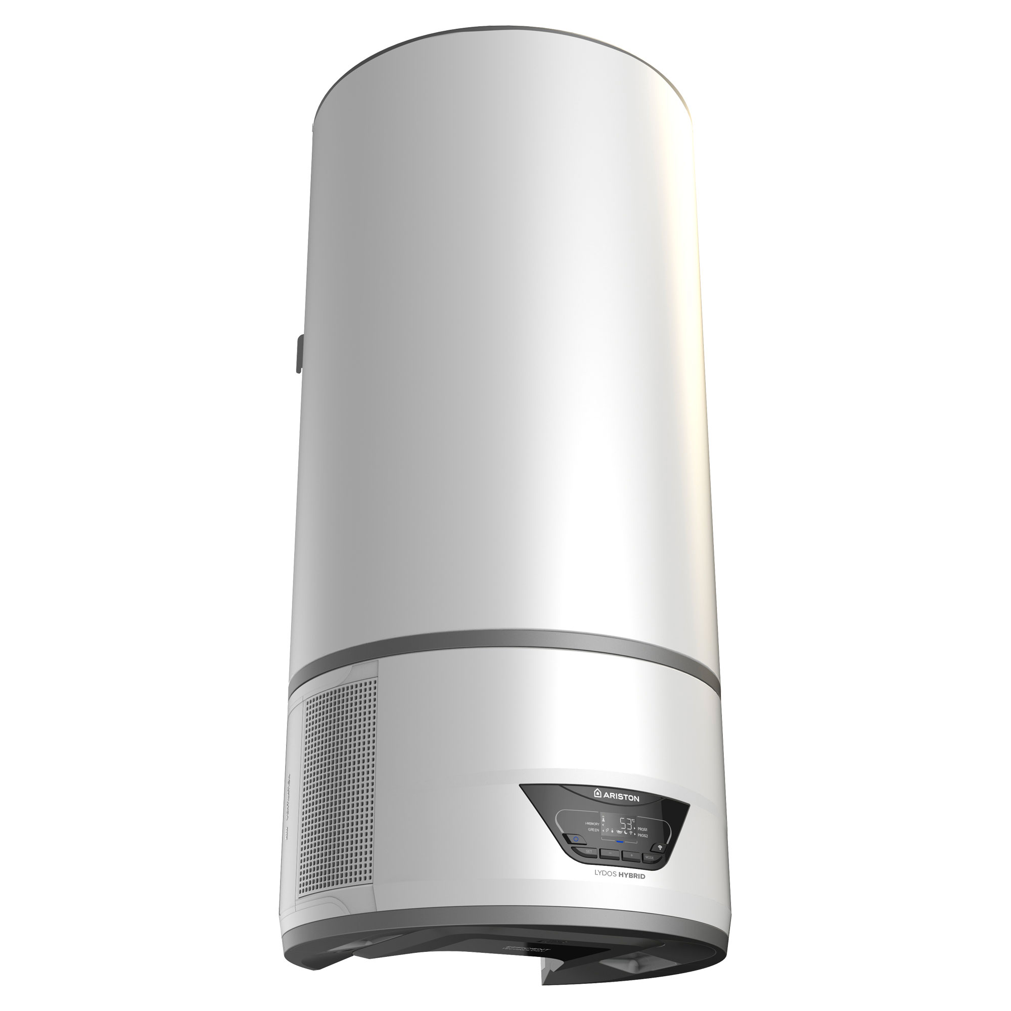 Scaldabagno cilindrico bianco con display digitale. Il logo Ariston è visibile.