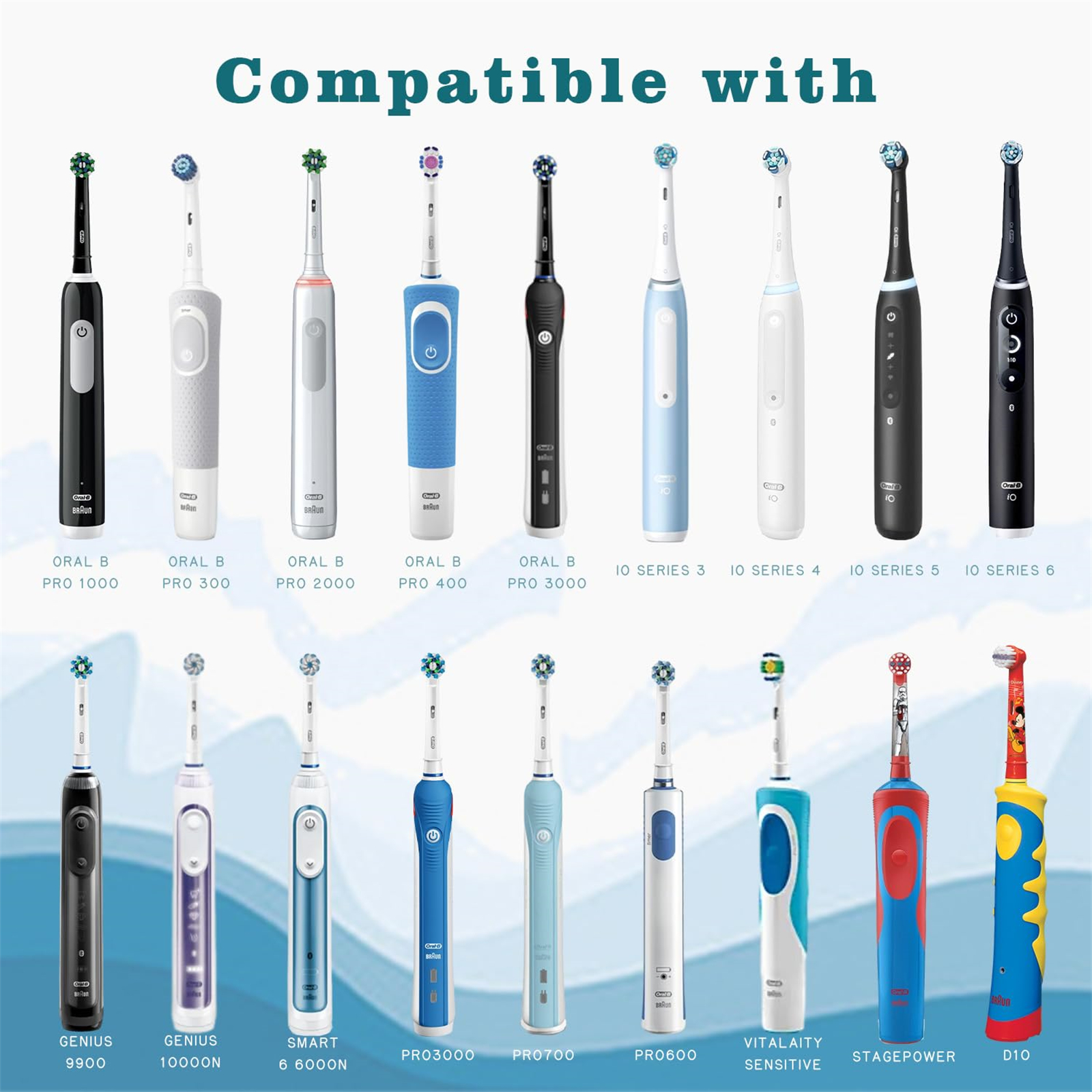 Mehrere elektrische Zahnbürsten. Liste der Oral-B-Modelle: Pro 1000, Pro 300, Pro 2000, Pro 400, Pro 3000 usw.