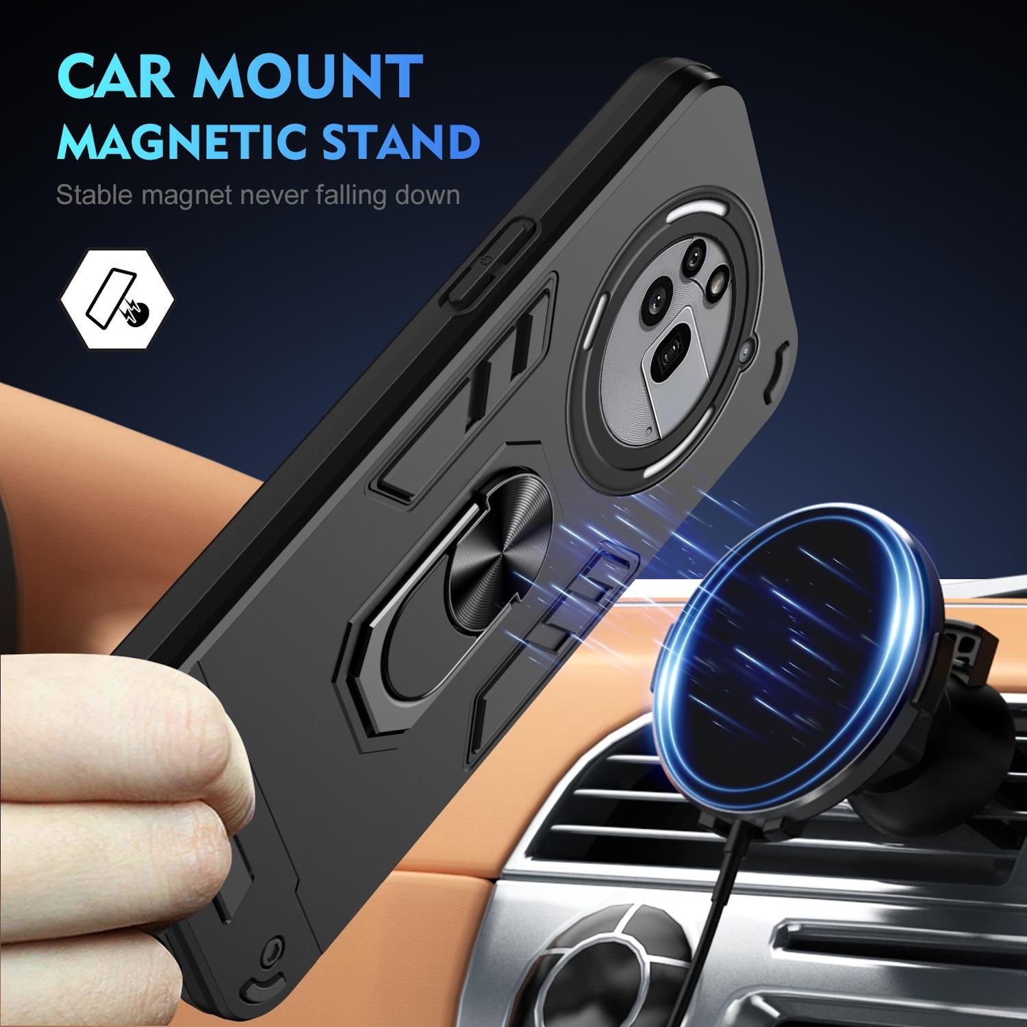 Eine schwarze Handyhülle mit einem Magnetständer, der auf dem Armaturenbrett eines Autos montiert ist. Der Ständer hält ein Telefon.