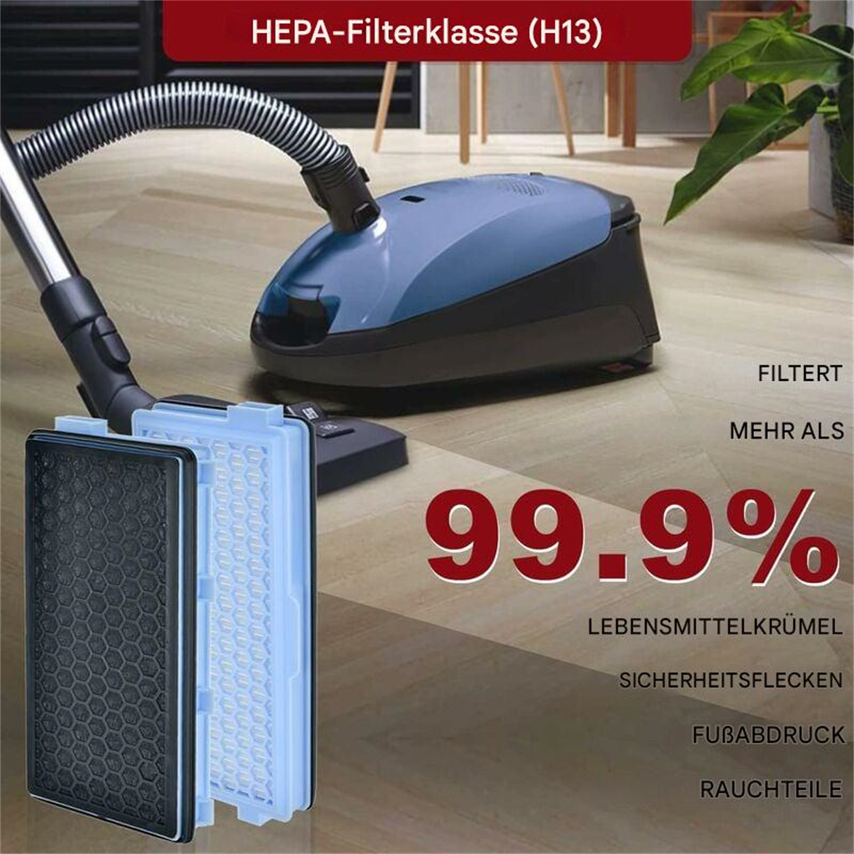 Staubsauger mit Filtern, zeigt einen Prozentsatz für die Filtrationseffizienz.