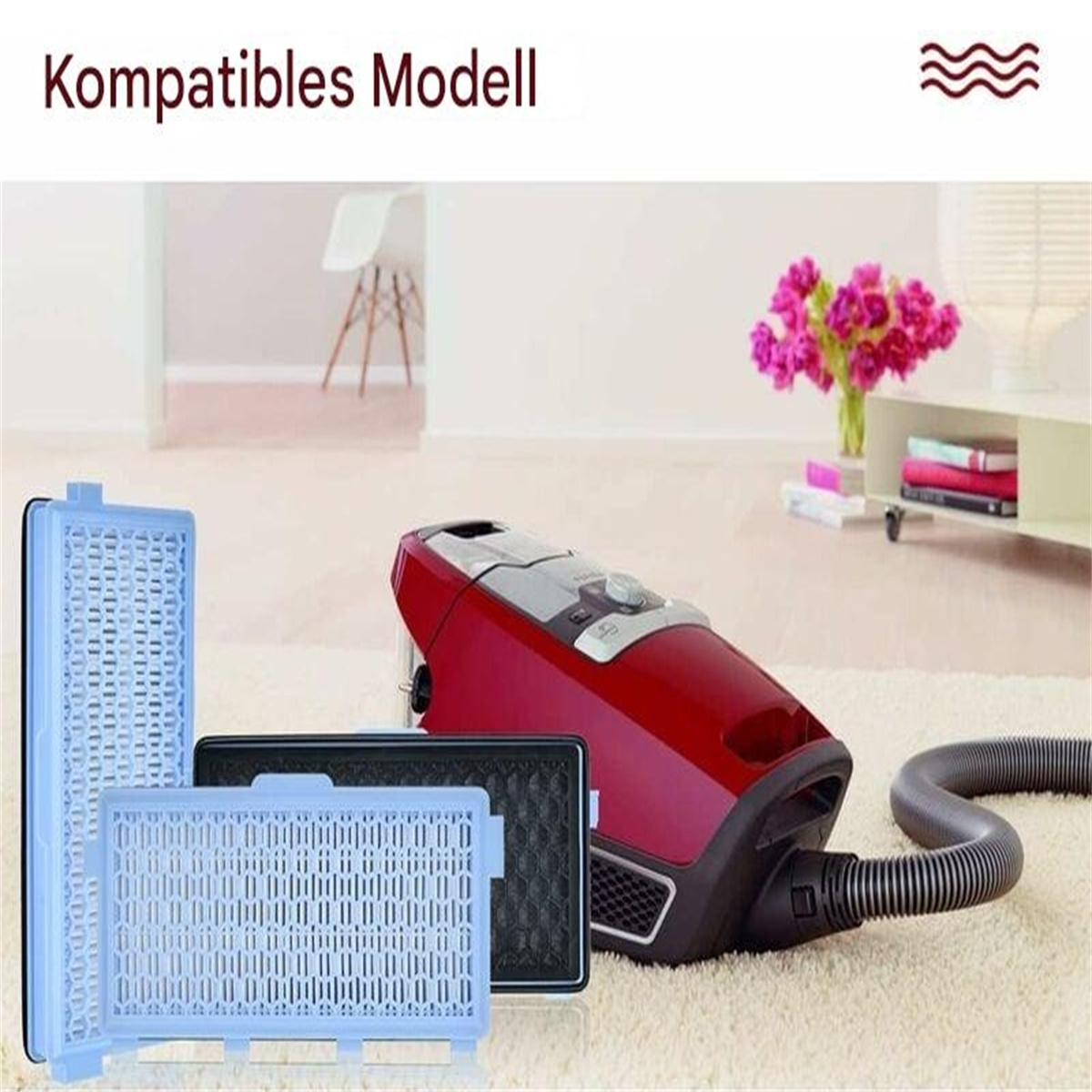 Ein roter Staubsauger und Filter werden in einem Raum mit weißer Wand gezeigt. Der Text oben lautet 'Kompatibles Modell'.