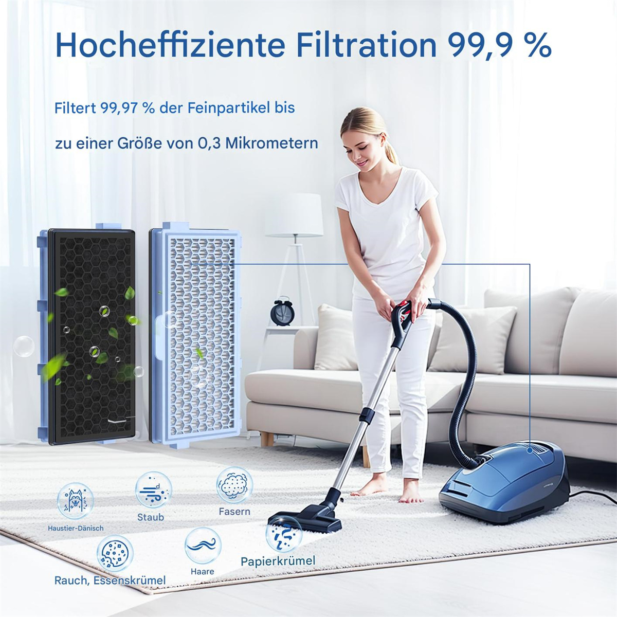 Eine Frau benutzt einen Staubsauger. Filter sind neben dem Bild dargestellt.