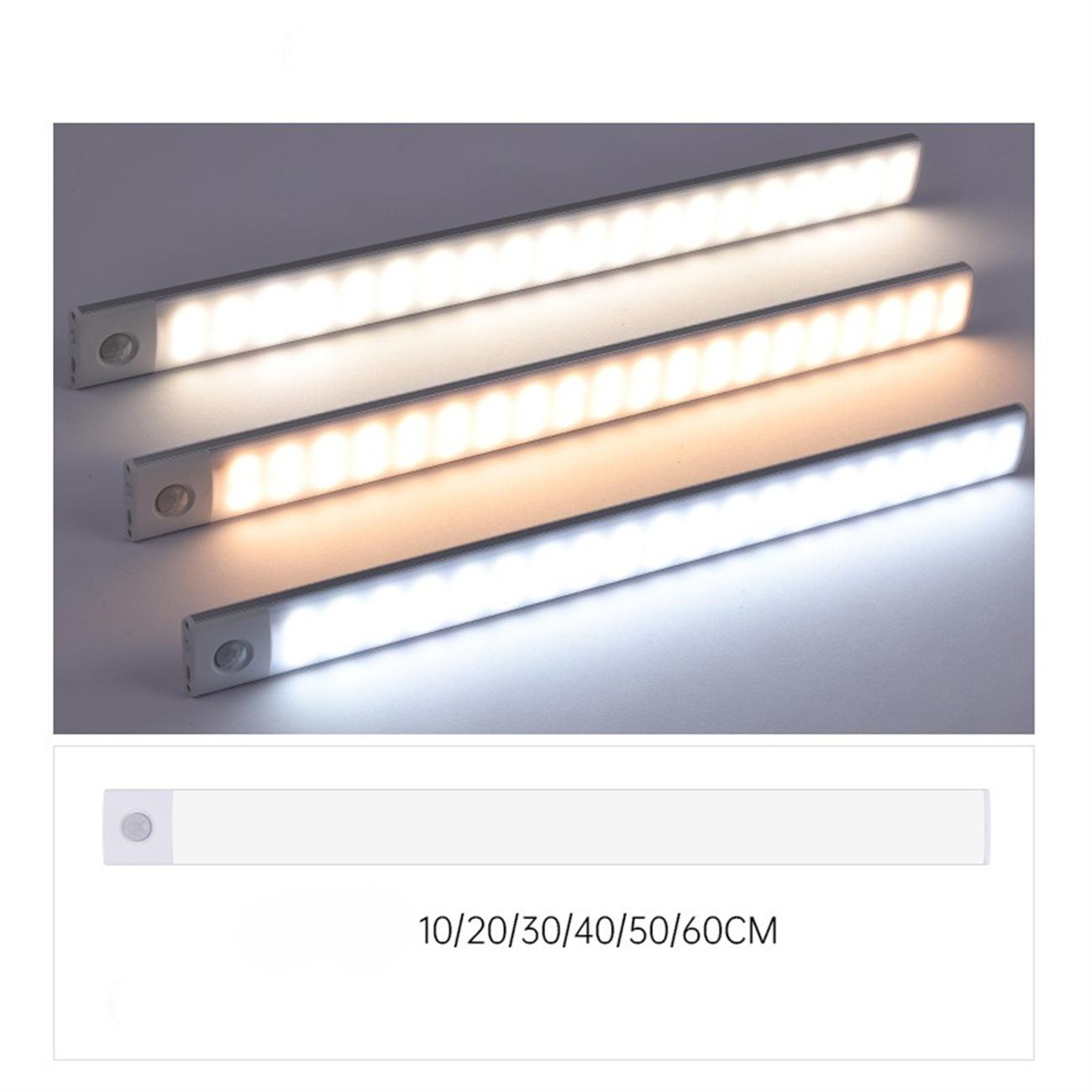 Drei LED-Lichtleisten in verschiedenen Farbtemperaturen, mit dem Text '10/20/30/40/50/60CM' unten.
