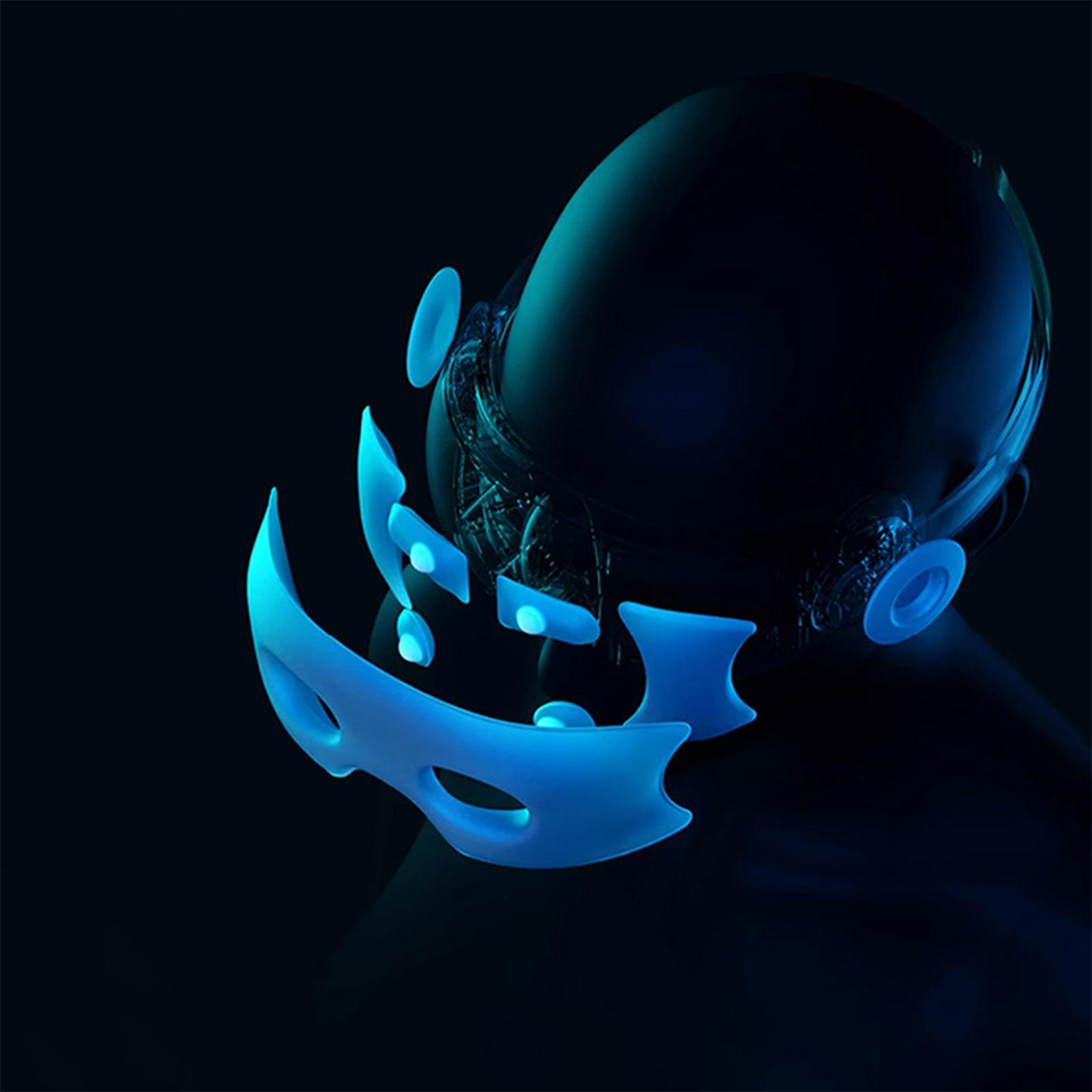 Ein futuristisches VR-Headset, zerlegt und blau leuchtend auf schwarzem Hintergrund.
