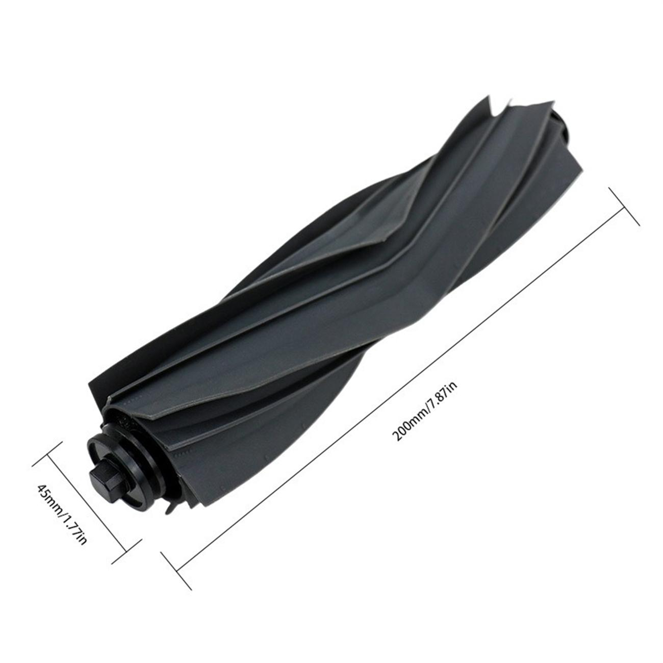 Eine schwarze Staubsaugerwalzenbürste mit Spiraldesign und beschrifteten Abmessungen.