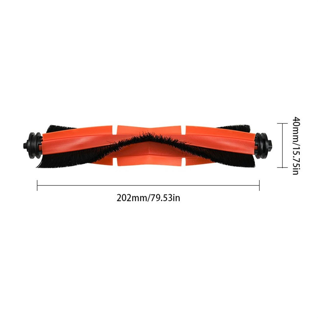 Eine Staubsaugerbürste mit orangefarbenen und schwarzen Borsten, mit den Maßen: 202 mm x 40 mm.