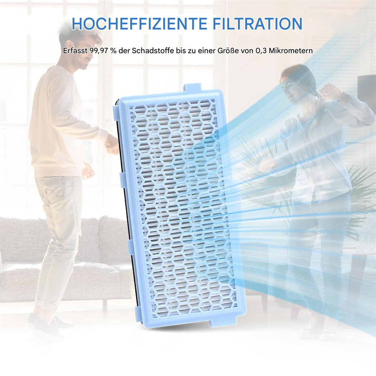Ein blauer Staubsaugerfilter mit weißem Wabenmuster, mit deutschem Text.