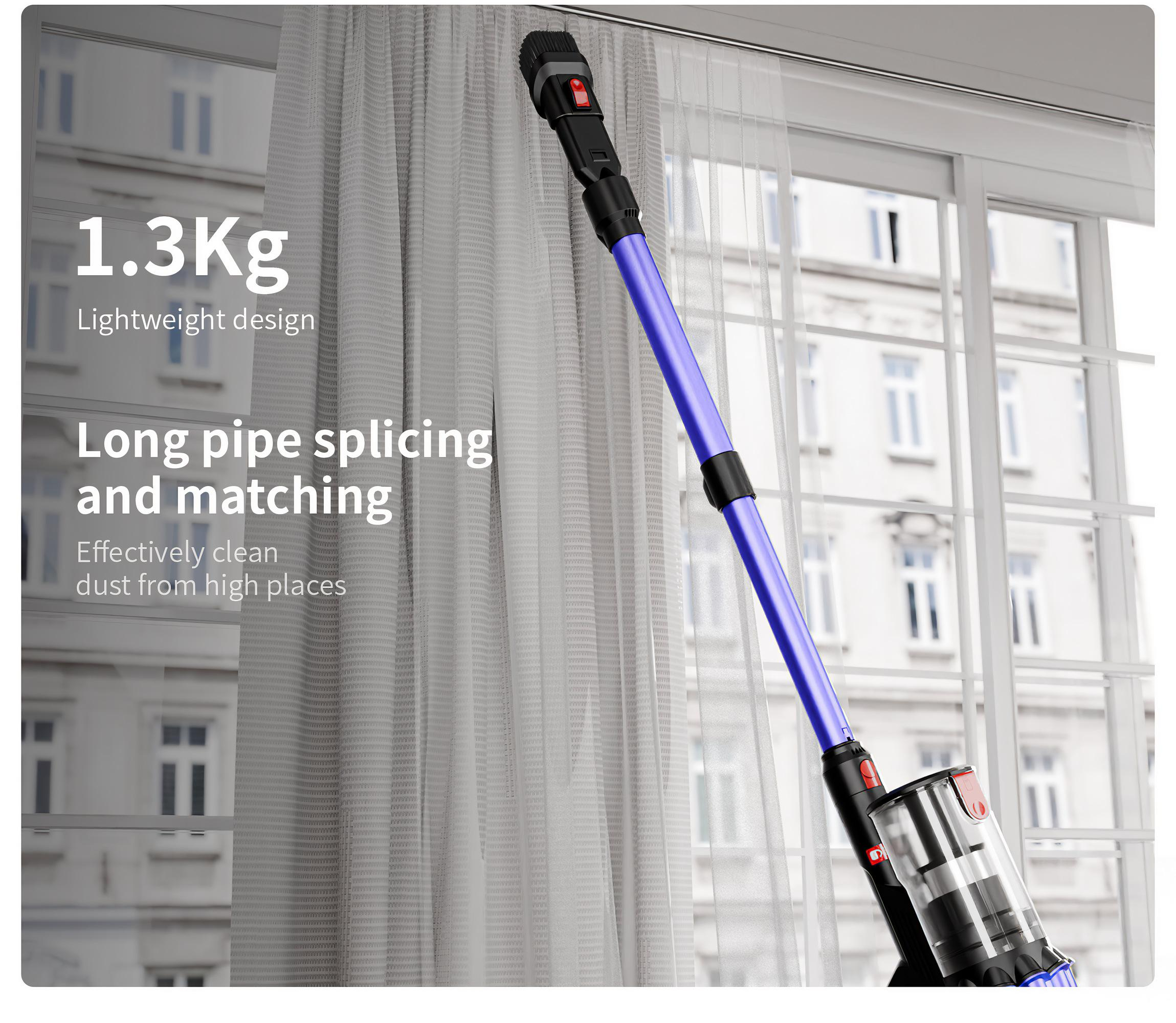 Eine Person reinigt einen Vorhang mit einem kabellosen Staubsauger. Text hebt das leichte Design hervor.