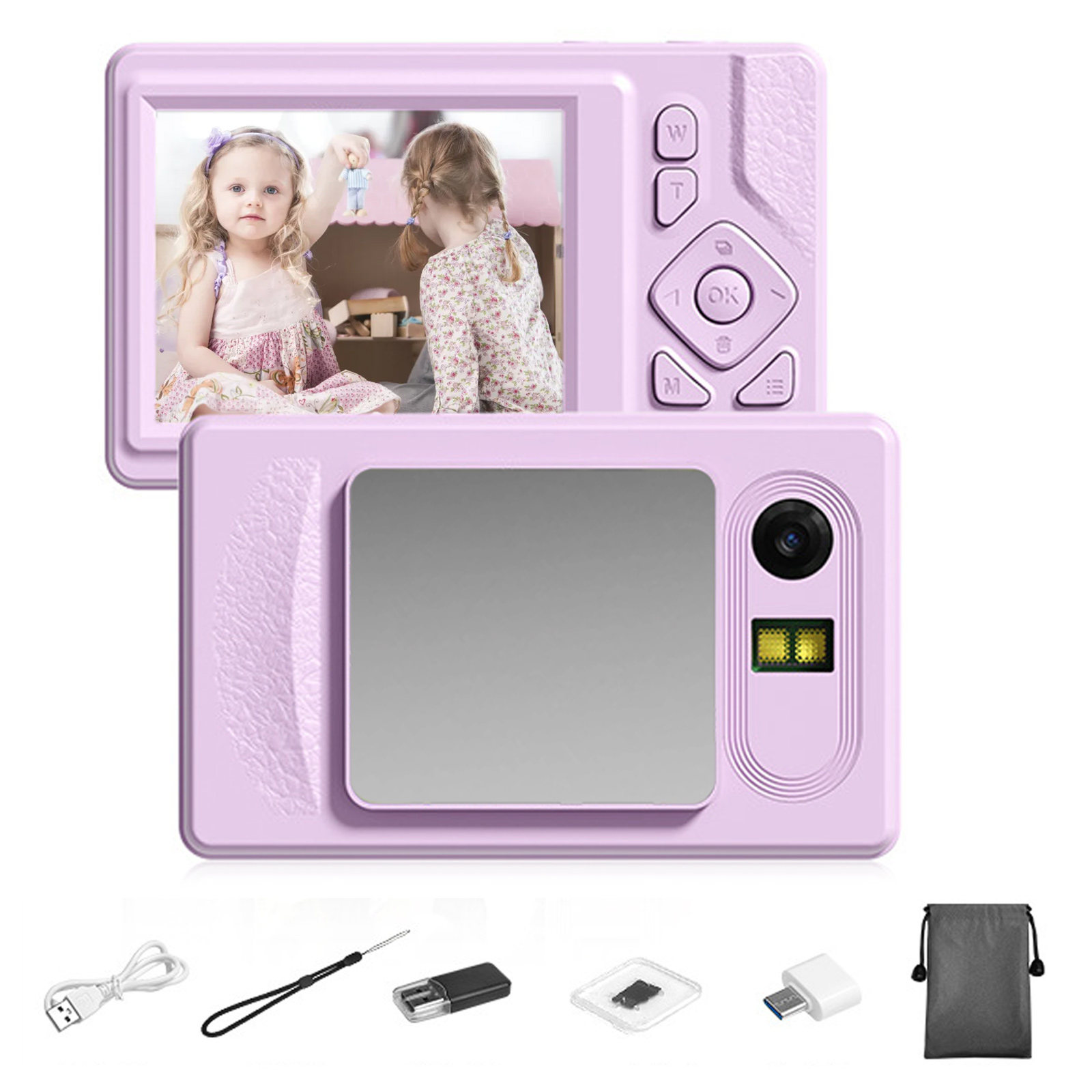 Eine rosa Digitalkamera wird gezeigt, mit Fotos von zwei Kindern auf dem Bildschirm und Zubehör drumherum.
