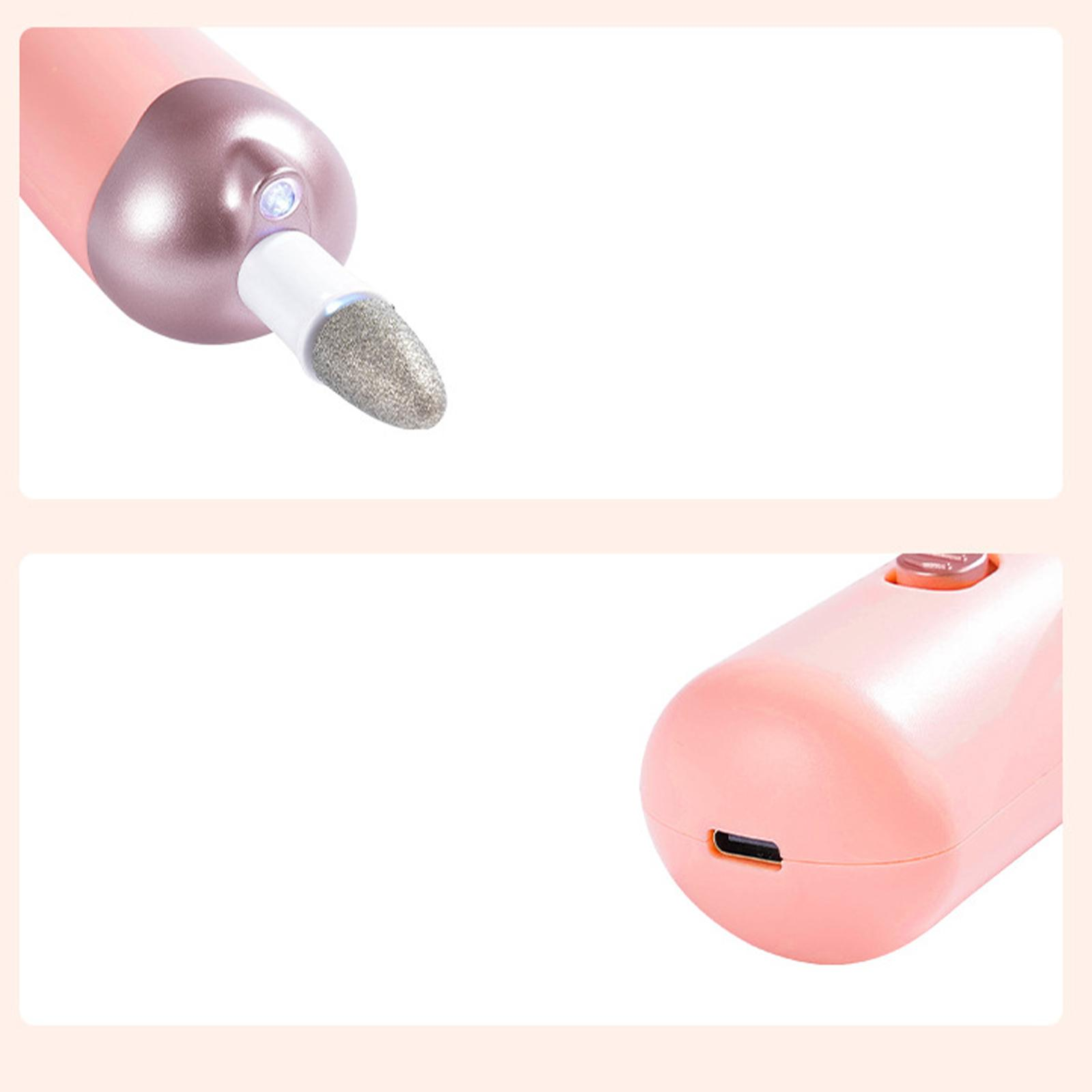 Nahaufnahme eines rosa Nagelfräsers. Die Spitze und ein Knopf sind sichtbar. Draufsicht mit weißem Hintergrund.