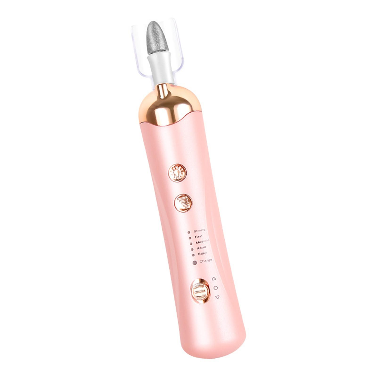 Rosa Nagelfräser mit silberner Spitze. Es hat Knöpfe und eine Statusanzeige. Weißer Hintergrund.
