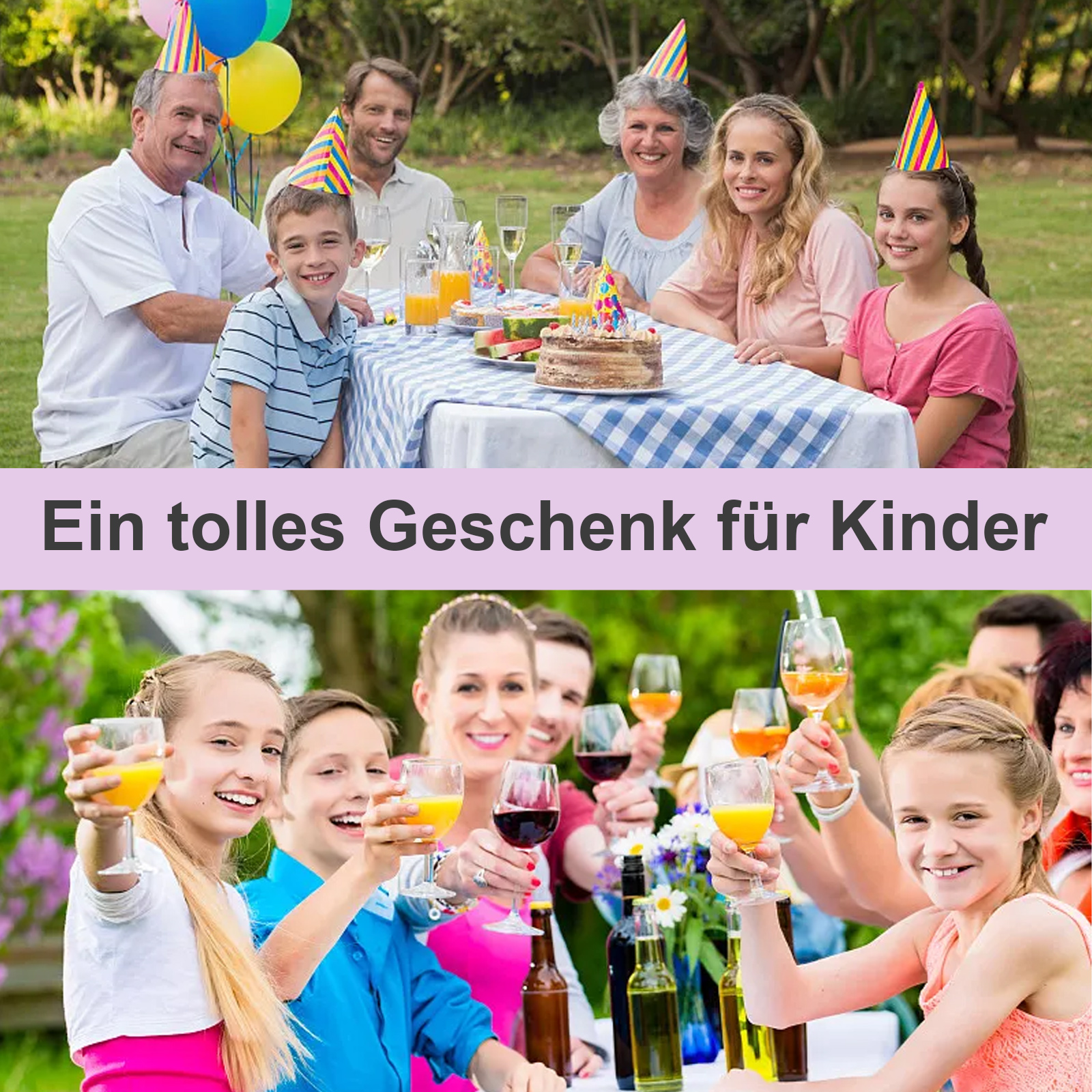 Eine Familie feiert im Freien mit Kuchen und Getränken, mit deutschem Text.
