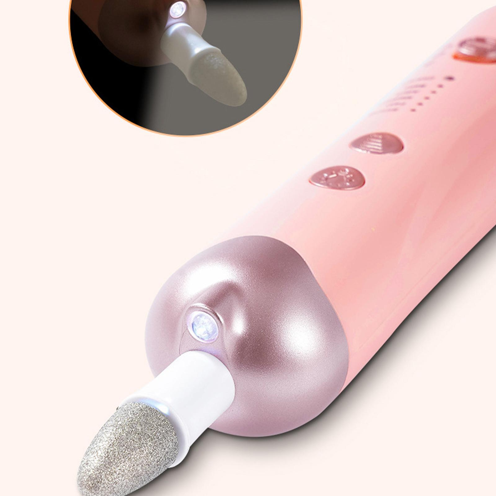 Nahaufnahme eines rosa Nagelfräsers. Die Spitze ist beleuchtet. Knöpfe und eine Statusanzeige sind sichtbar.