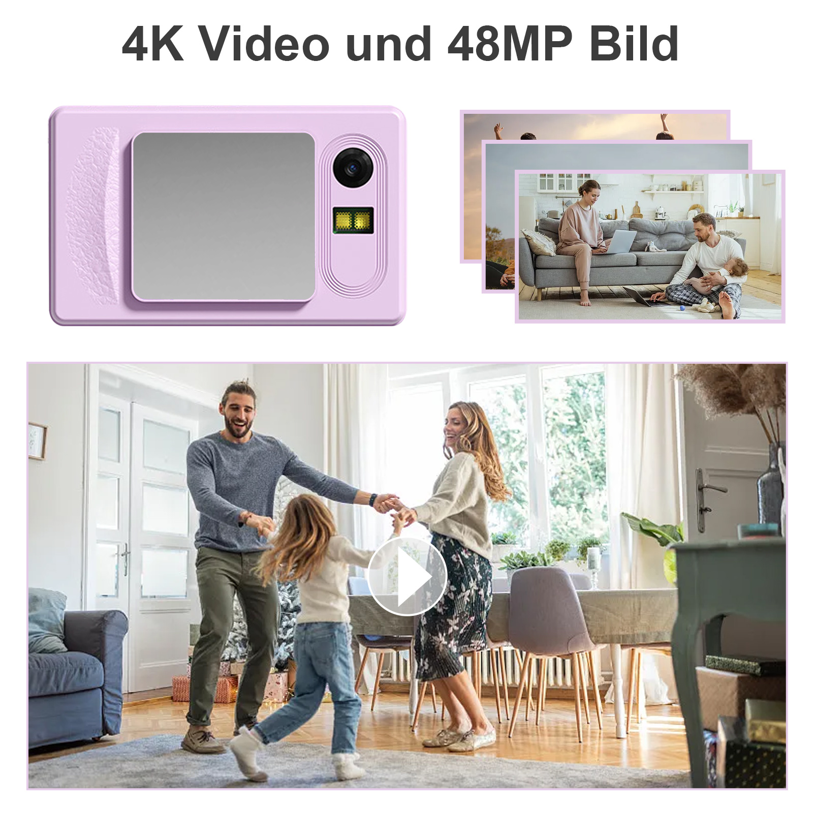 Eine Kamera und zwei Beispielbilder. Eine Familie tanzt, eine andere sitzt. Text sagt: 4K Video und 48MP Bild.
