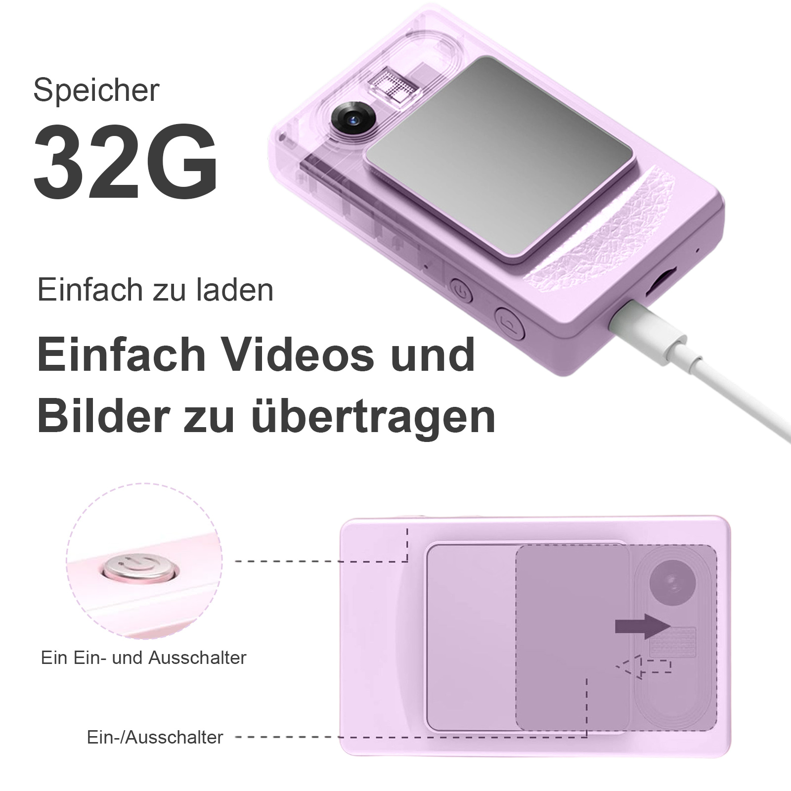 Eine lila Kamera, die die Rückseite mit Ladeanschluss und ein separates Bild des Ein-/Ausschalters zeigt.