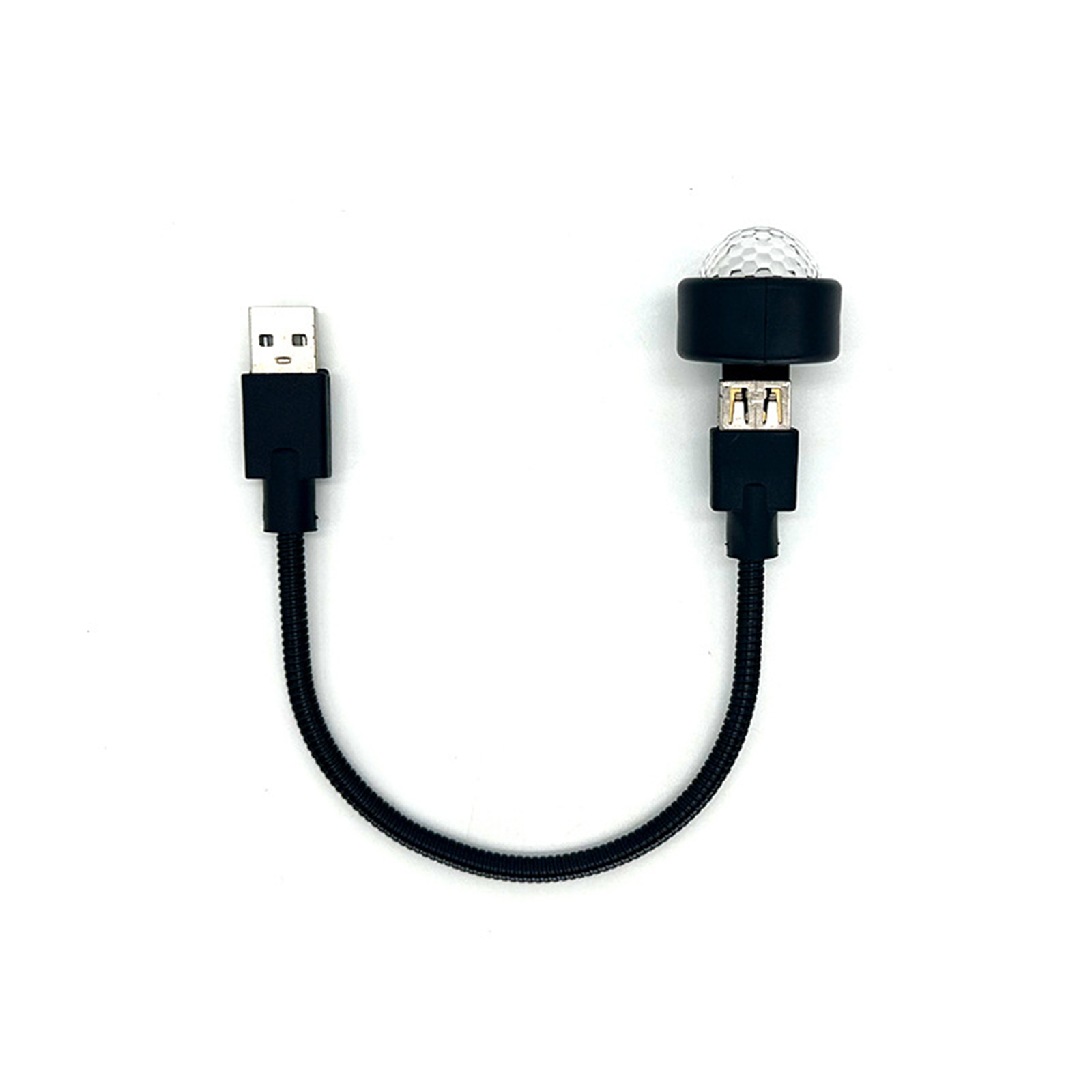 Eine kleine USB-LED-Leuchte mit USB-Anschluss. Das Licht ist weiß, das Kabel schwarz.