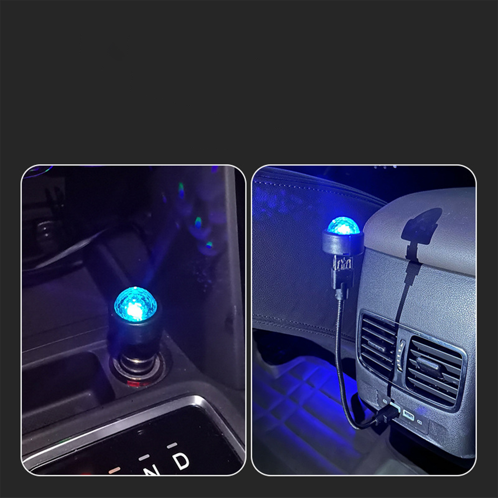 Zwei Bilder zeigen einen Auto-Innenraum mit einer USB-LED-Leuchte. Eines zeigt das Licht im Zigarettenanzünder, das andere in der Lüftung.