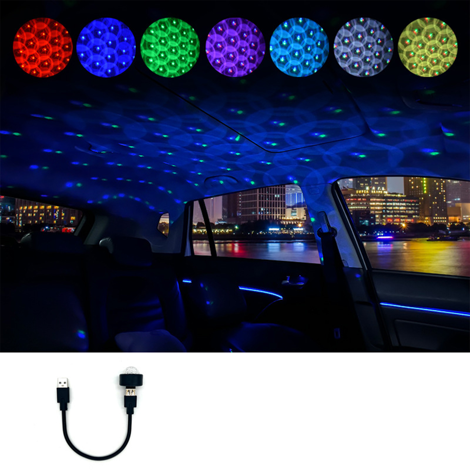 Auto-Innenraum mit Sternenhimmel-Effekt durch eine USB-betriebene Leuchte. Die Decke des Autos ist mit bunten Lichtern gefüllt.