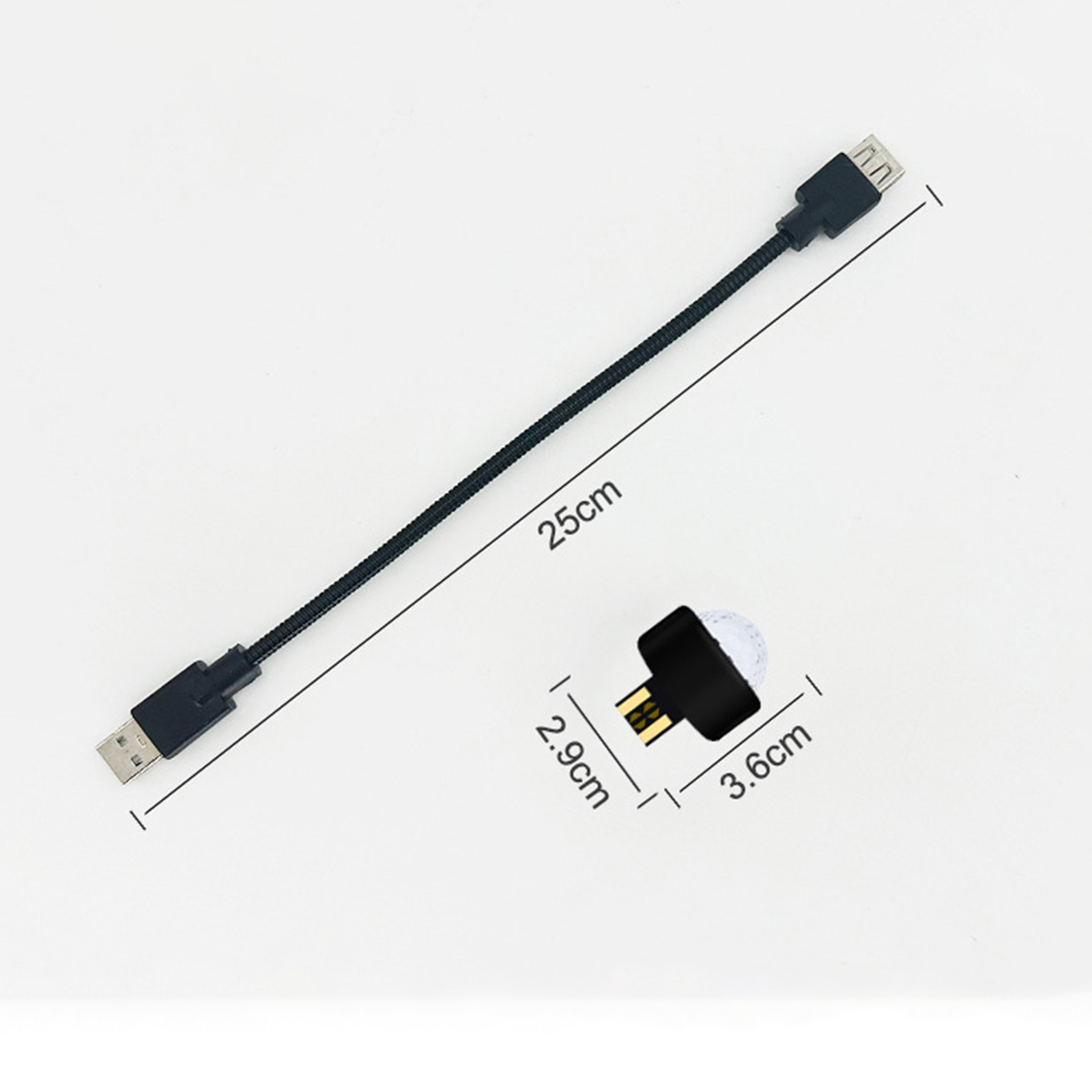 Kleine USB-LED-Leuchte mit flexiblem Kabel. Abmessungen von Licht und Kabel mit Zentimeterangaben.