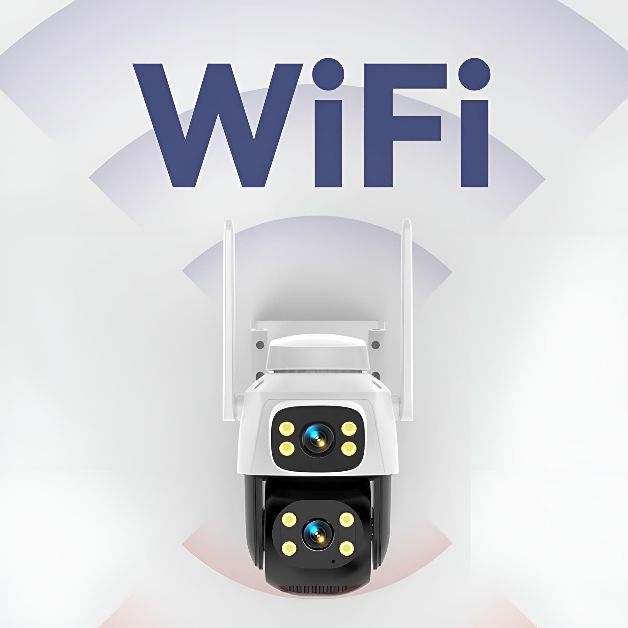 Outdoor-Überwachungskamera mit zwei Antennen. Das Wort WiFi steht darüber. Die Kamera ist schwarz und weiß.