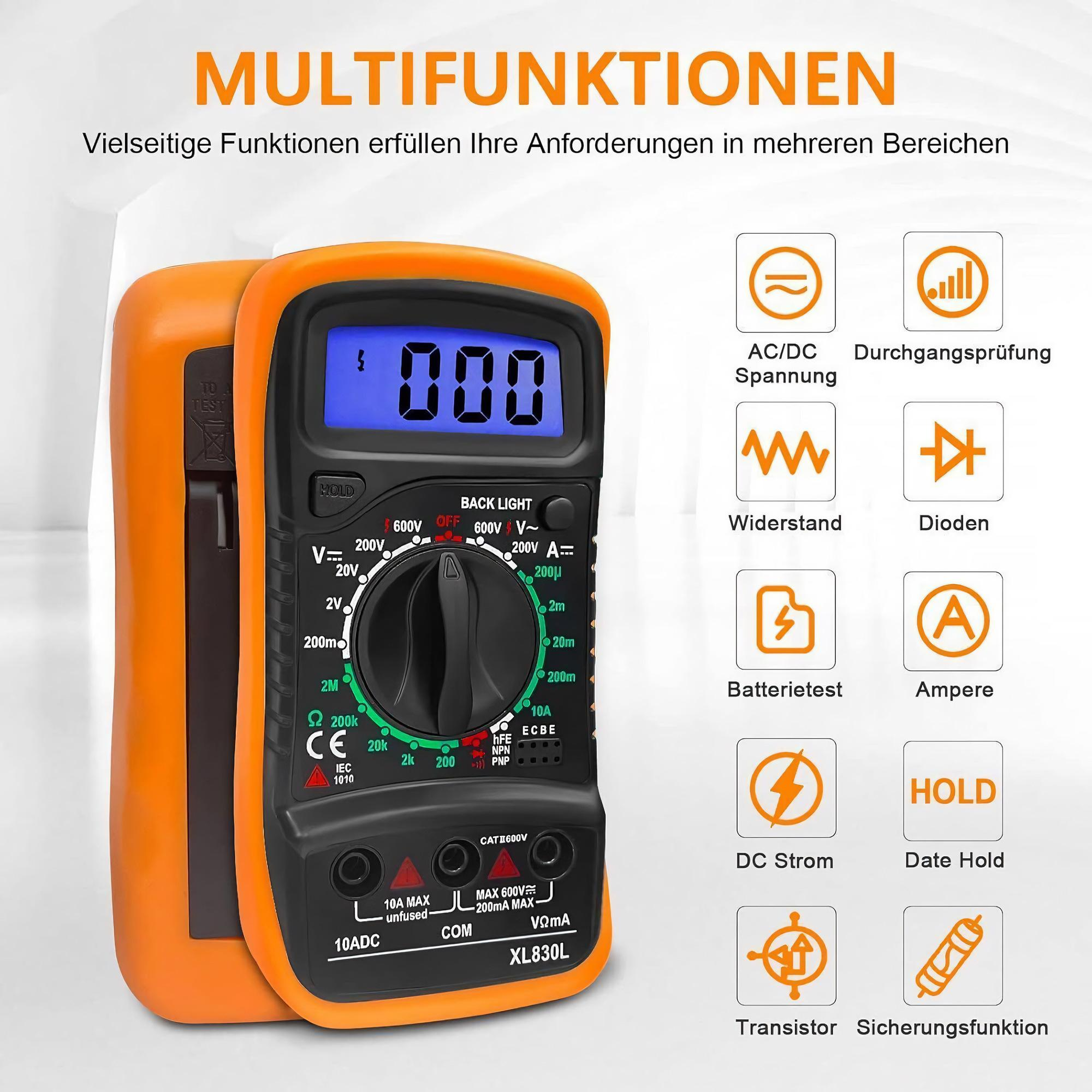 Ein orangefarbenes digitales Multimeter mit einem Display, das einen Messwert anzeigt, mit mehreren Funktionssymbolen rechts.