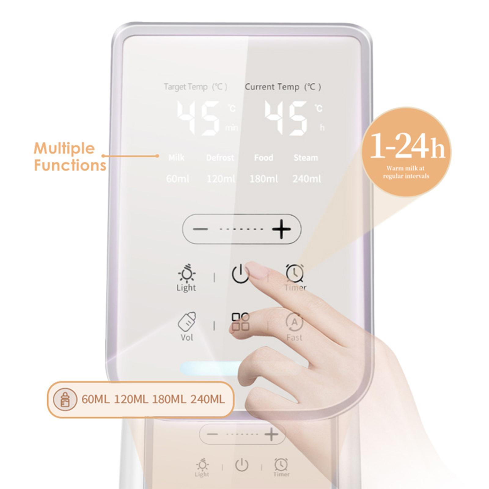 Eine Hand drückt eine Taste an einem weißen Gerät. Das Gerät hat ein digitales Display, das Temperatur und Einstellungen zeigt.