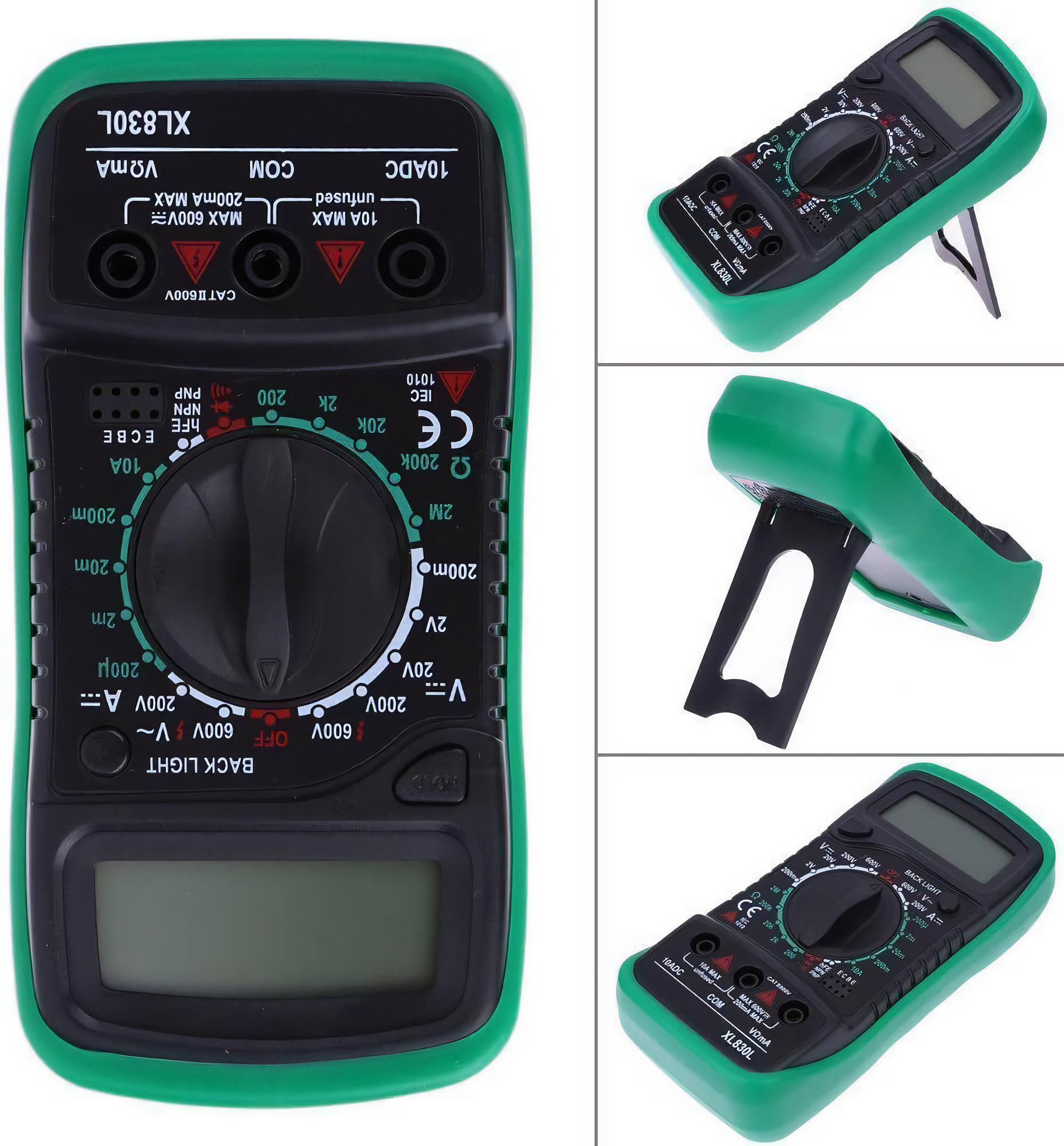Digitales Multimeter, mehrere Ansichten. Grün und schwarz mit Display und Drehknopf. Eine Ansicht auf einem Ständer.