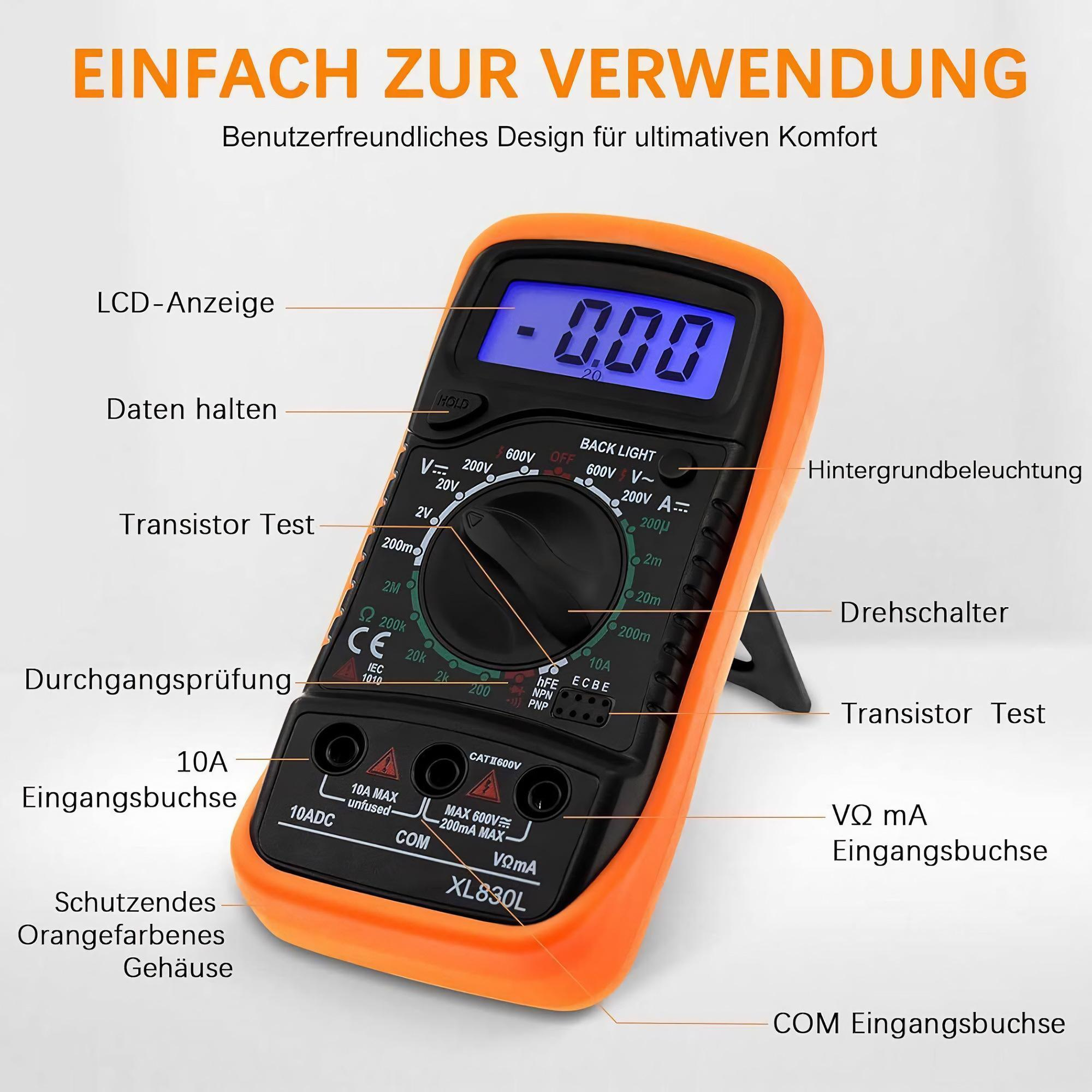 Ein oranges Multimeter mit Beschriftungen, einem schwarzen Drehknopf und einer Digitalanzeige.