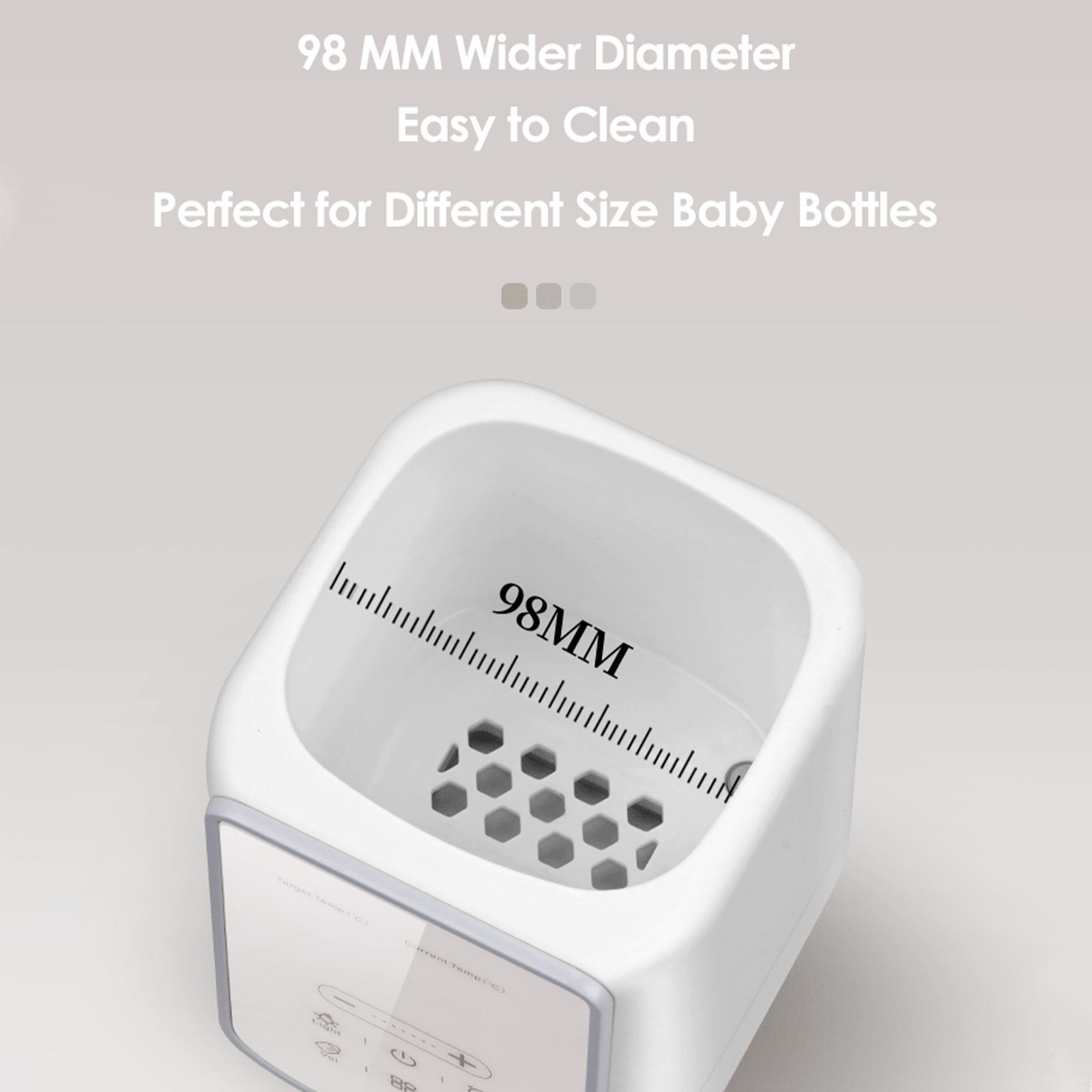 Ein weißer Babyflaschenwärmer mit einer 98-mm-Durchmesser-Markierung und einem Bedienfeld, von oben gesehen.