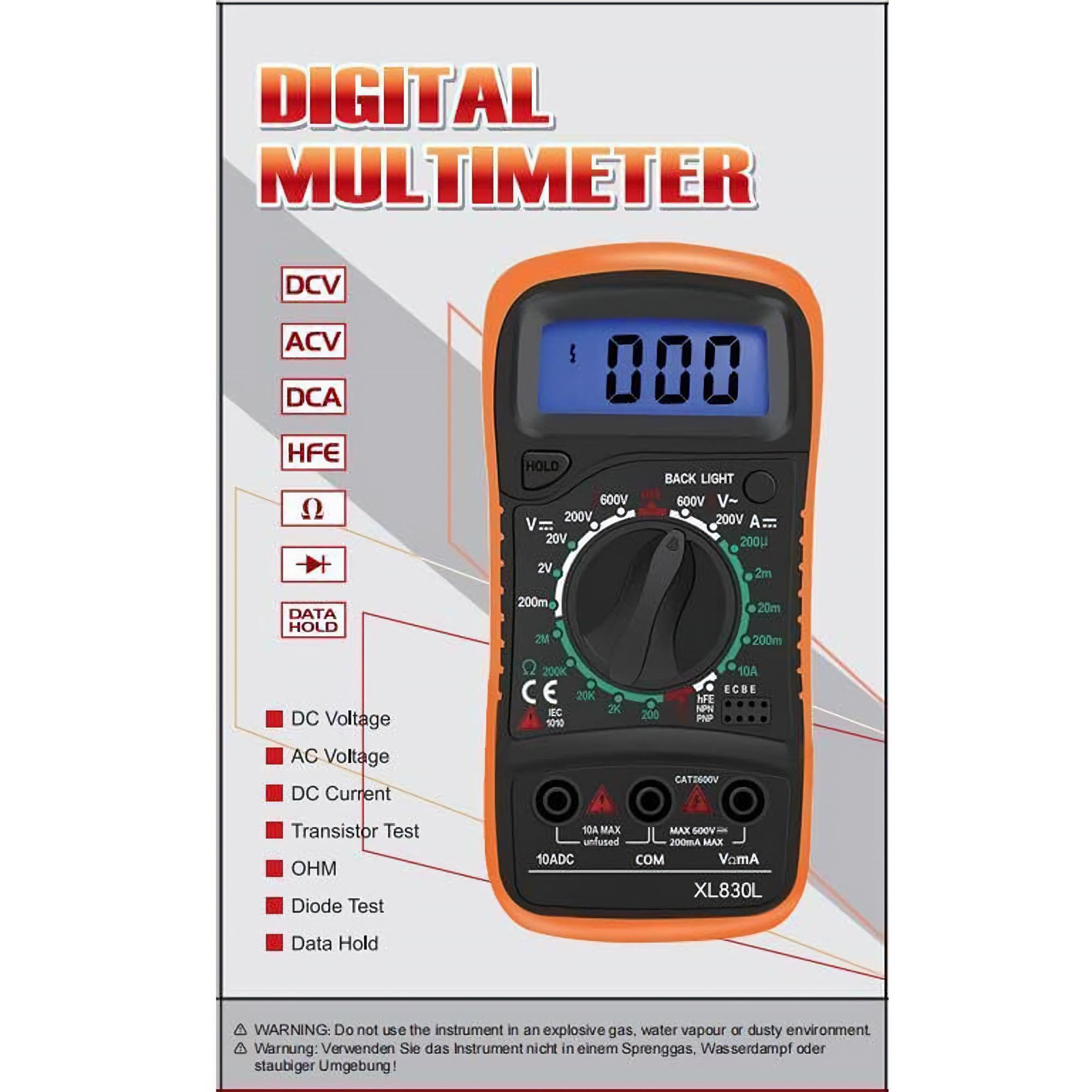 Oranges digitales Multimeter mit schwarzem Bildschirm, der Messwerte anzeigt. Enthält Text und Symbole. Weißer Hintergrund.