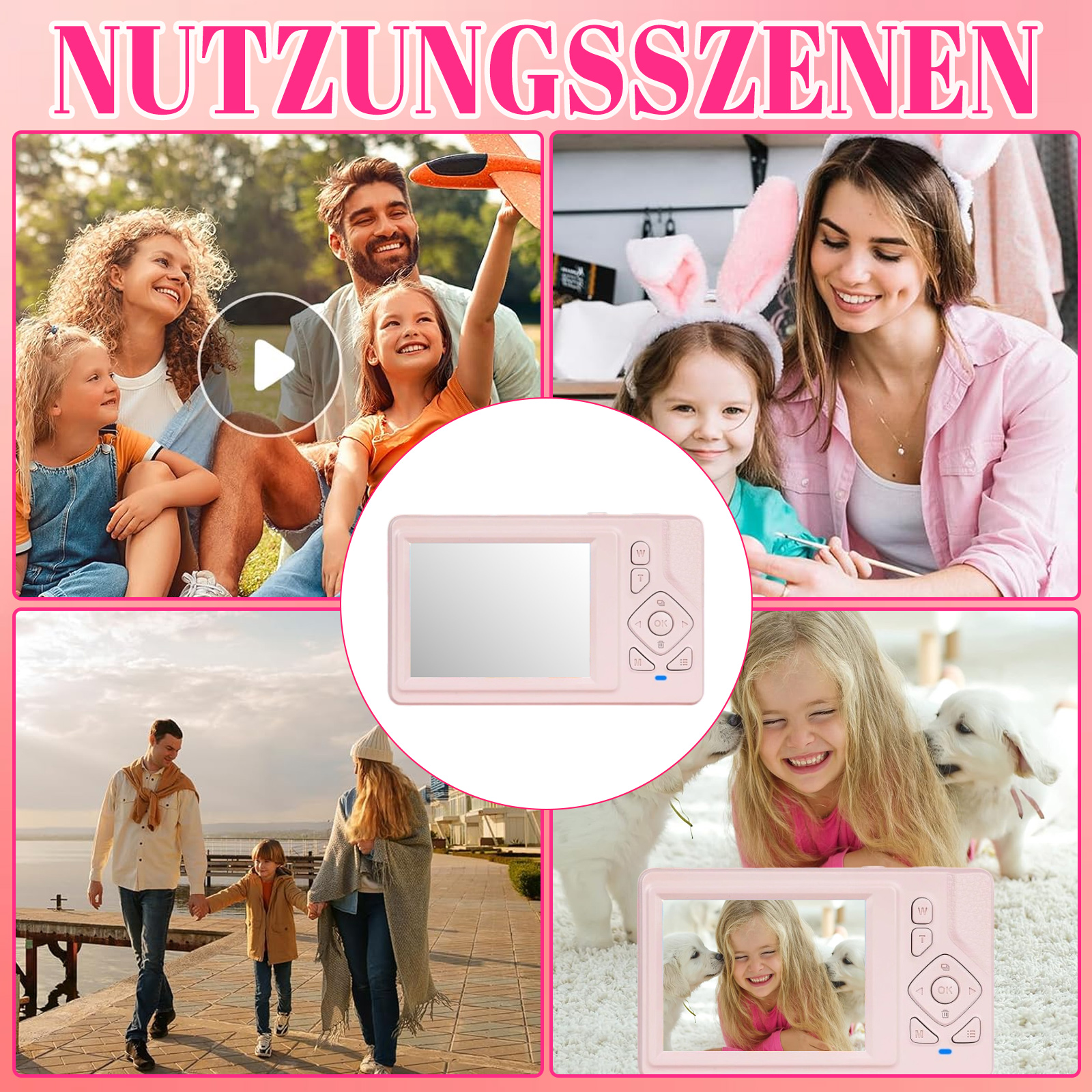 Mehrere Szenen mit Personen, die eine pinke Kamera benutzen. Szenen umfassen Familie, Haustiere und Outdoor-Aktivitäten.