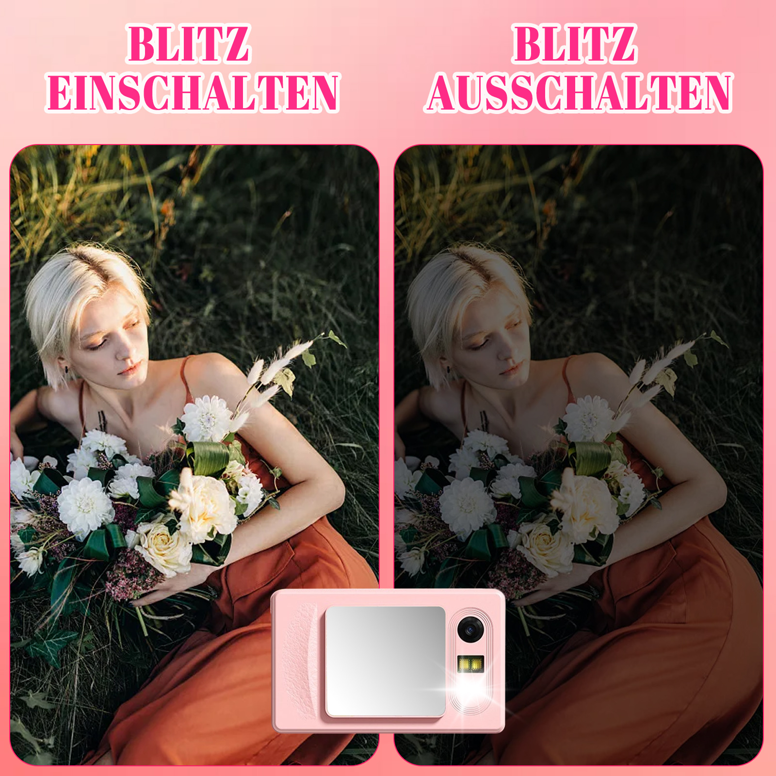 Zwei Bilder einer Frau mit Blumen und einer rosa Kamera. Eines mit Blitz, das andere ohne.