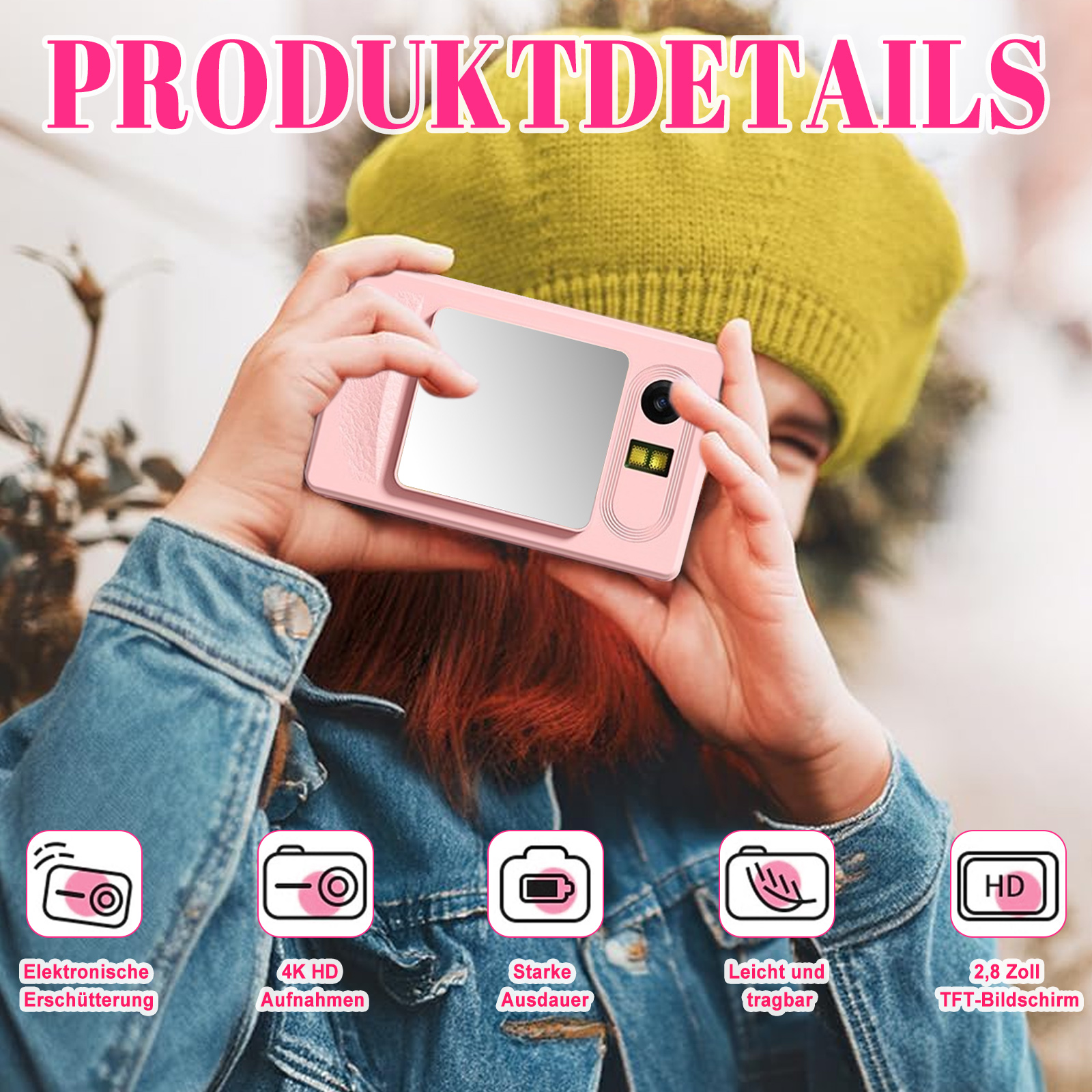 Eine Person macht ein Foto mit einer pinken Kamera. Das Bild zeigt die Kamera mit Details und Symbolen.