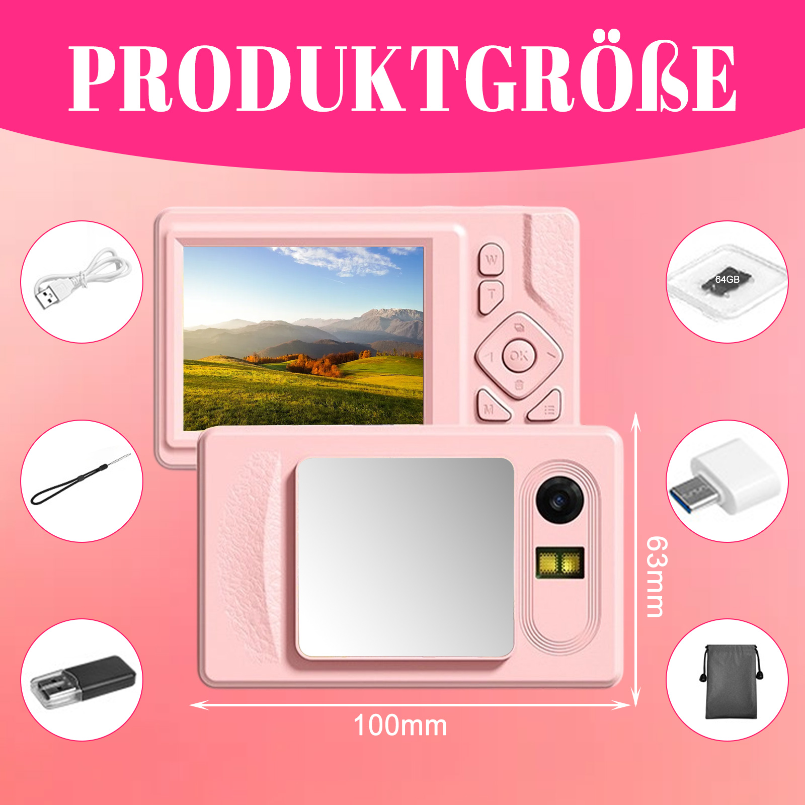 Rosa Digitalkamera mit Zubehör. Enthält Kabel, Handschlaufe, Kartenleser und SD-Karte, vor rosa Hintergrund.