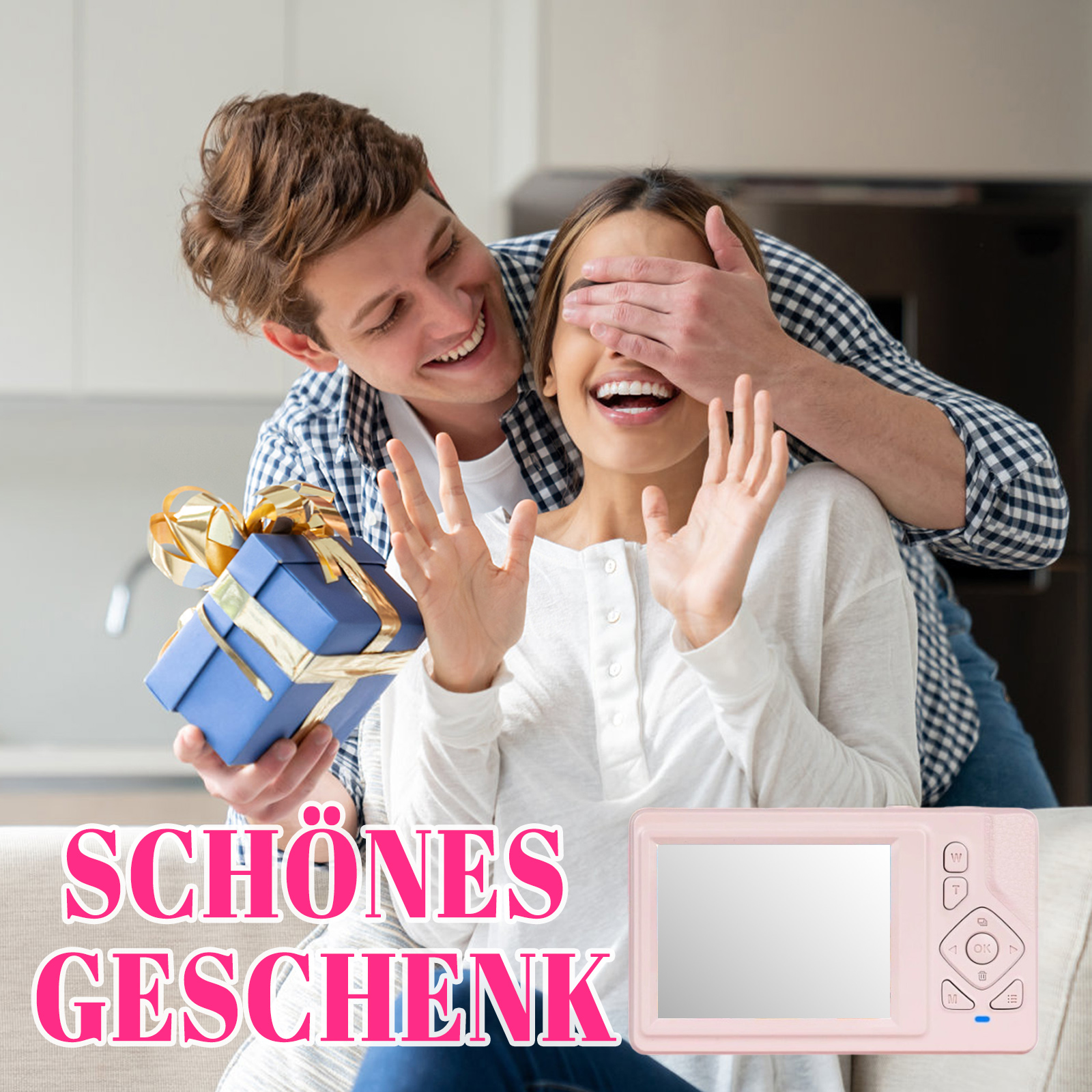 Ein Mann bedeckt die Augen einer Frau, während er ihr eine rosa Kamera gibt. Der Text lautet "SCHÖNES GESCHENK".